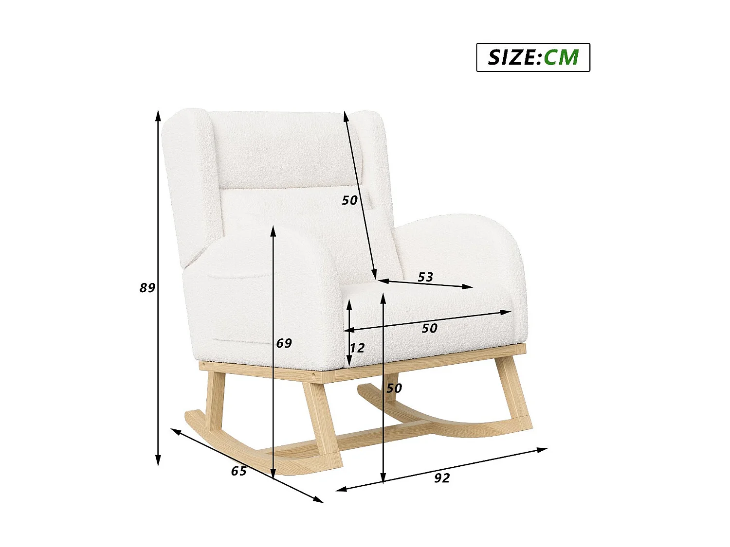 Fauteuil à bascule bouclette blanc avec accoudoirs, rocking chair bois scandinave