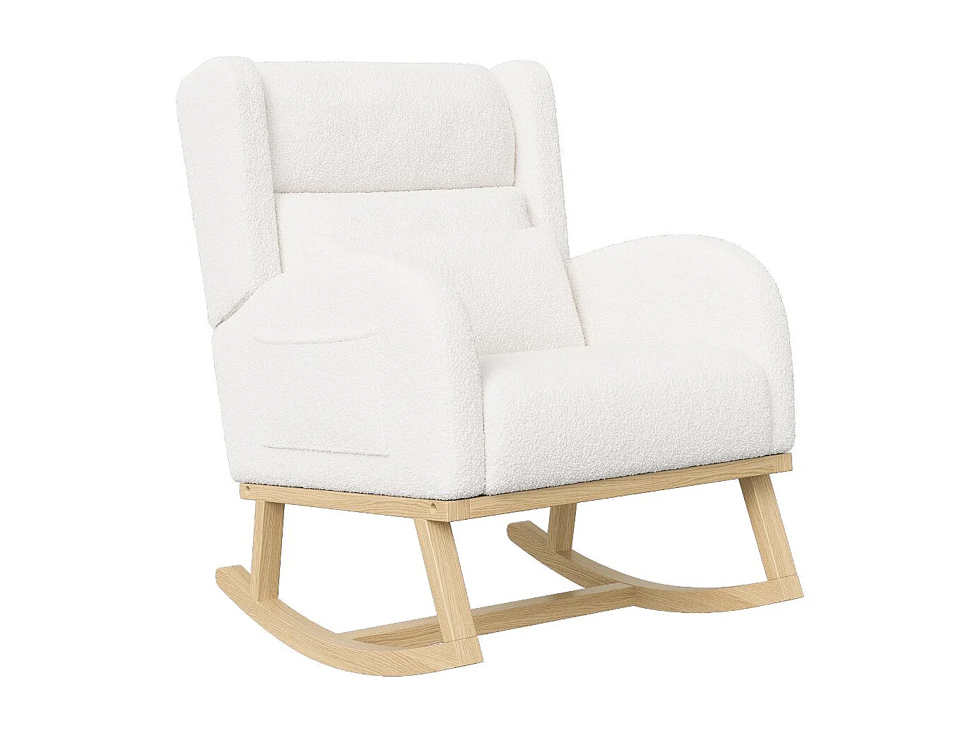 Fauteuil à bascule bouclette blanc avec accoudoirs, rocking chair bois scandinave