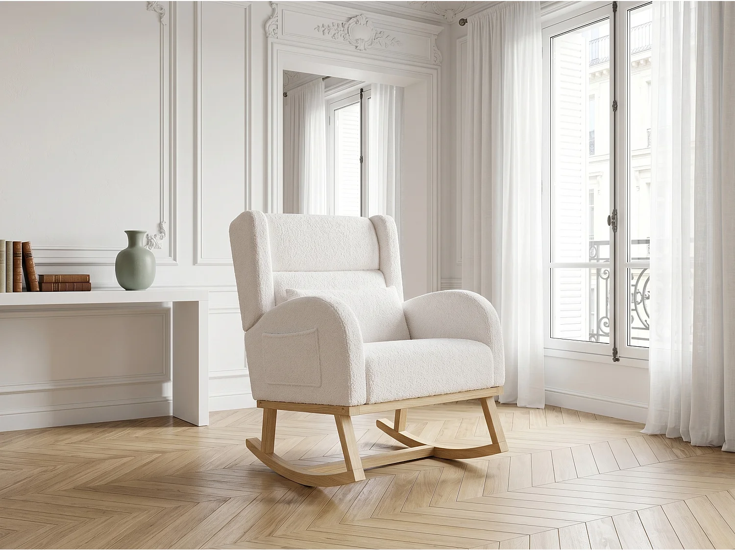 Fauteuil à bascule bouclette blanc avec accoudoirs, rocking chair bois scandinave