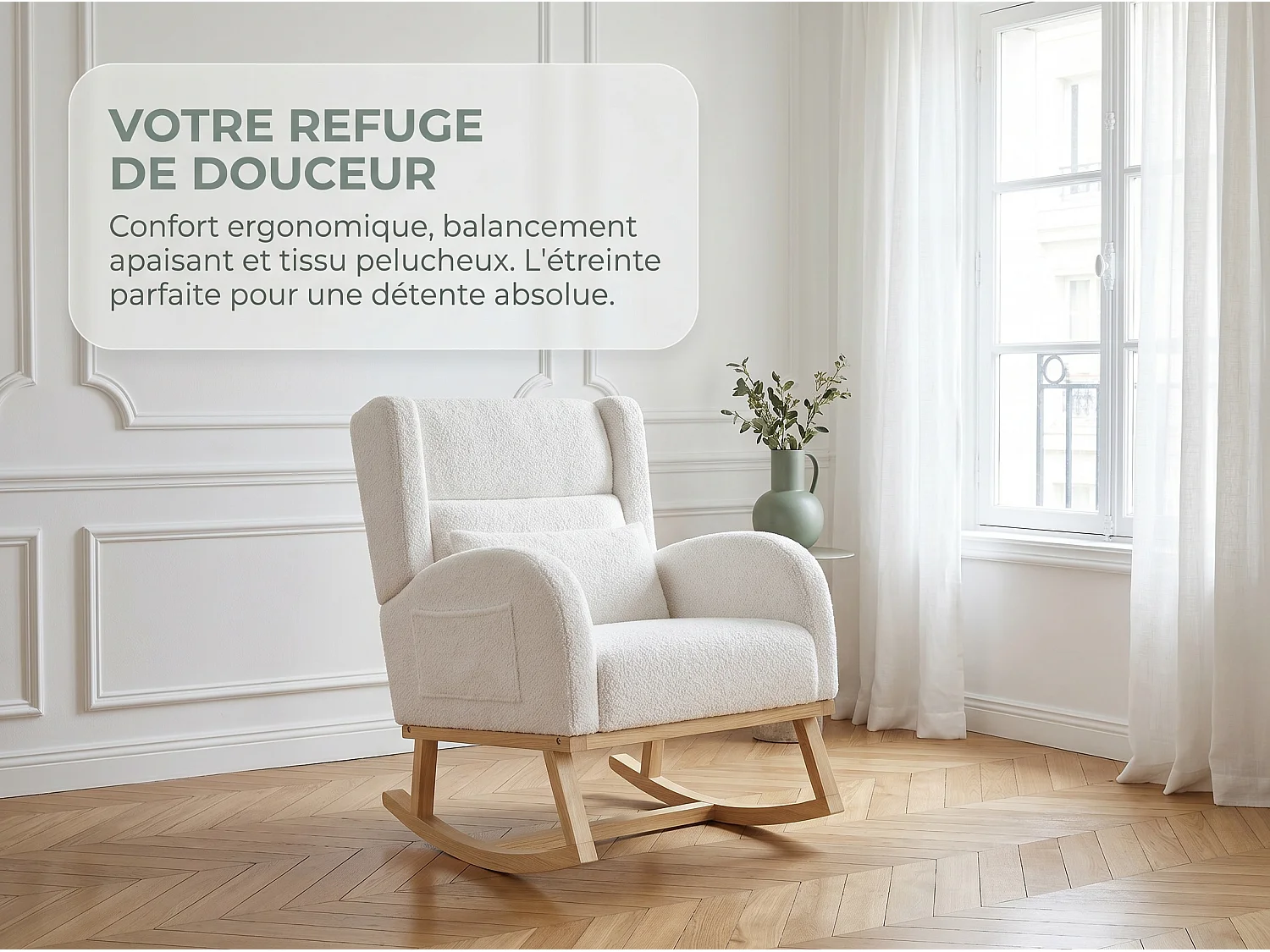 Fauteuil à bascule bouclette blanc avec accoudoirs, rocking chair bois scandinave