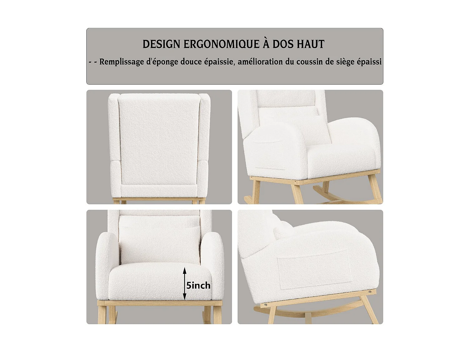 Fauteuil à bascule bouclette blanc avec accoudoirs, rocking chair bois scandinave