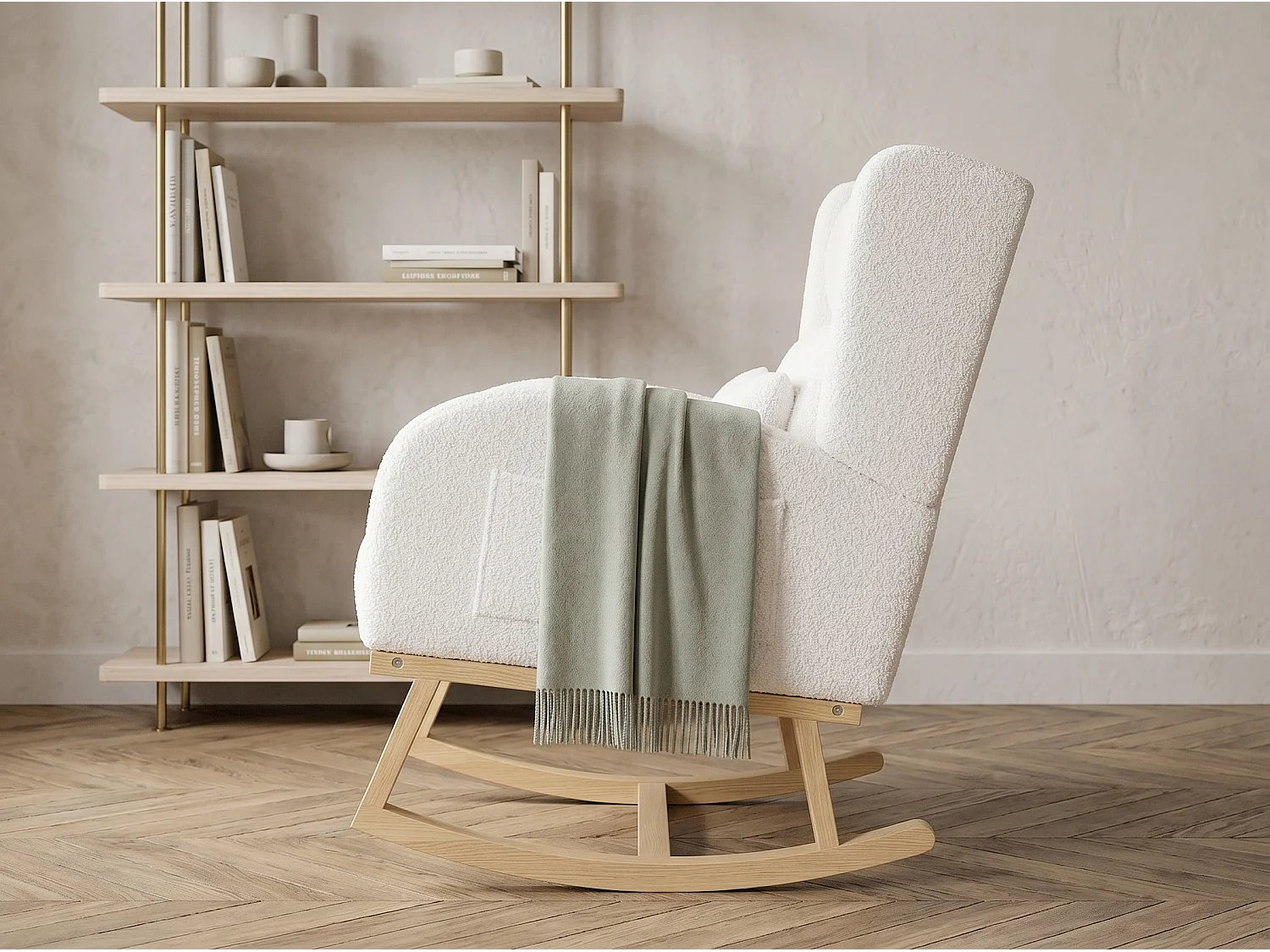 Fauteuil à bascule bouclette blanc avec accoudoirs, rocking chair bois scandinave