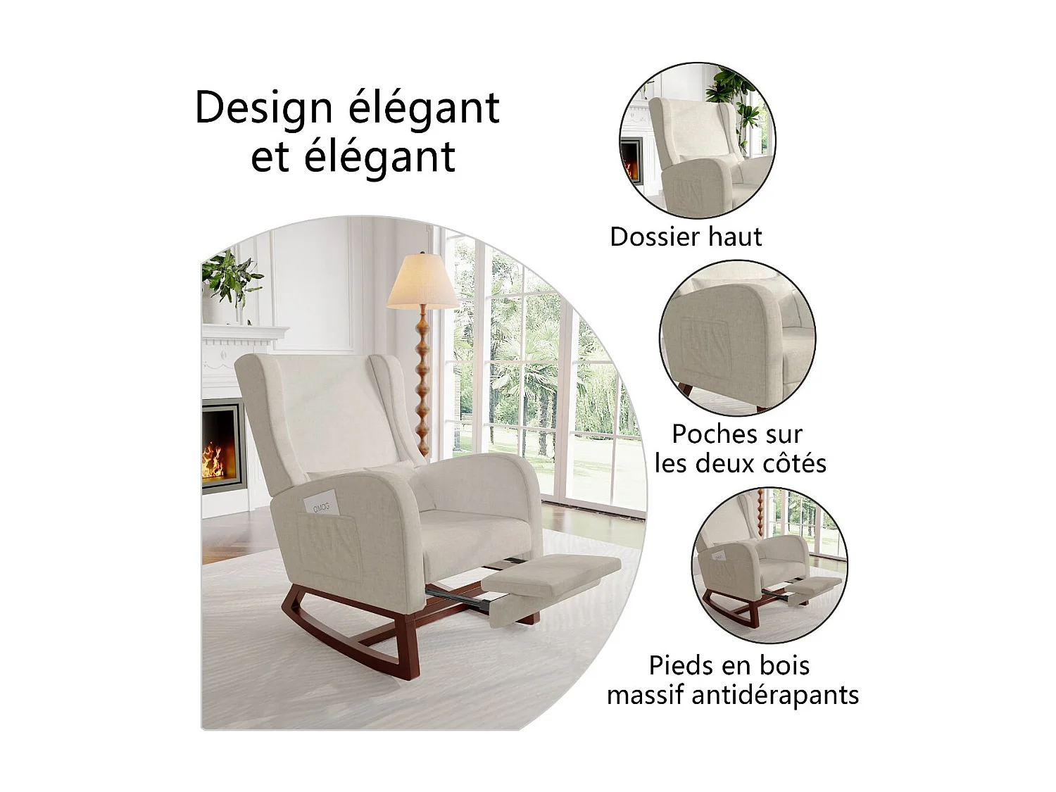 Fauteuil relax scandinave en tissu, fauteuil lounge avec accoudoirs et coussin lombaire, fauteuil salon chambre, beige