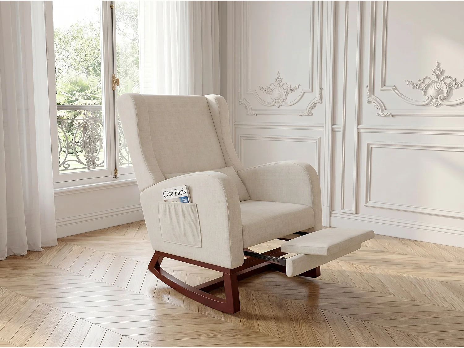 Fauteuil relax scandinave en tissu, fauteuil lounge avec accoudoirs et coussin lombaire, fauteuil salon chambre, beige