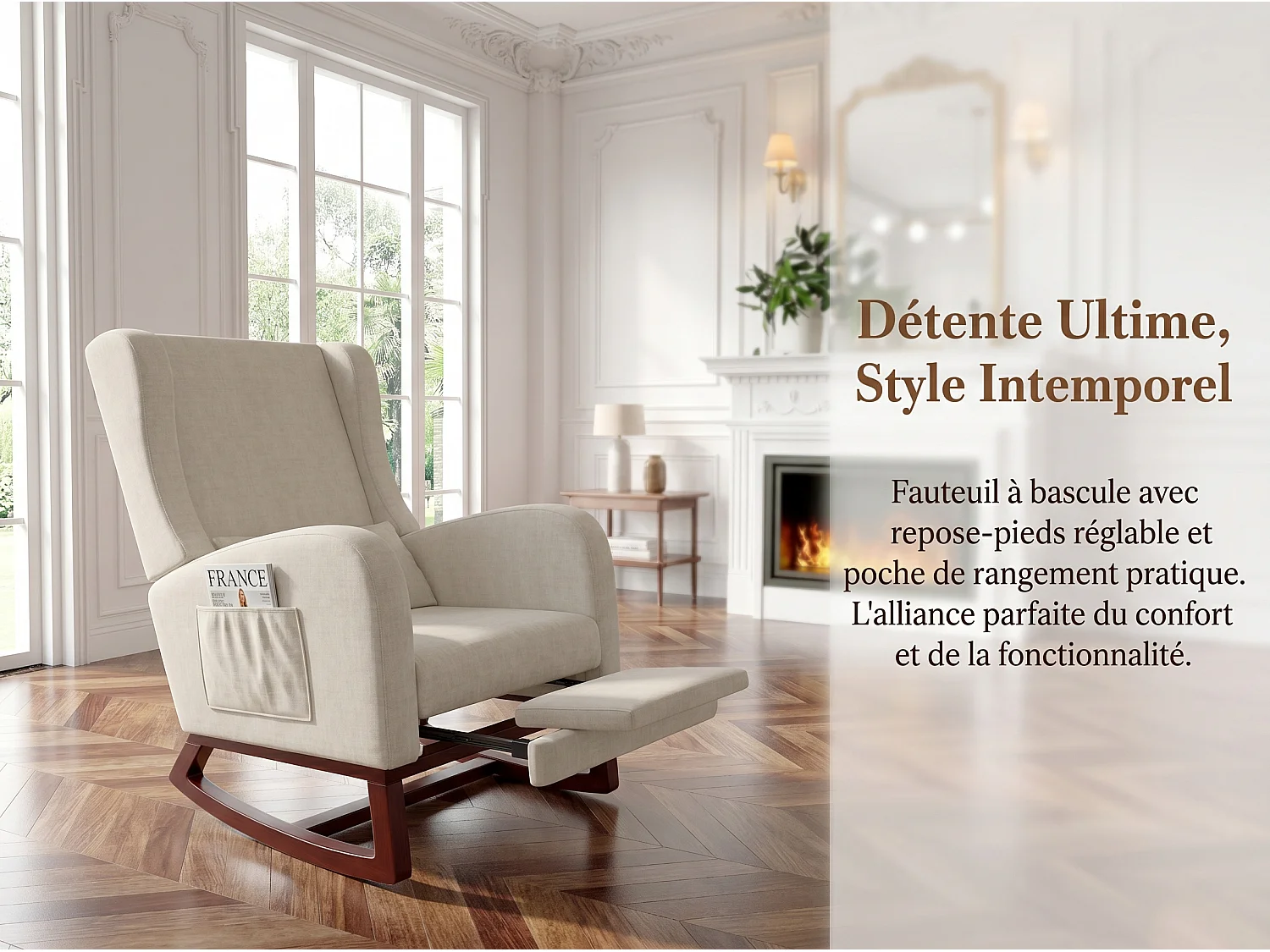 Fauteuil relax scandinave en tissu, fauteuil lounge avec accoudoirs et coussin lombaire, fauteuil salon chambre, beige