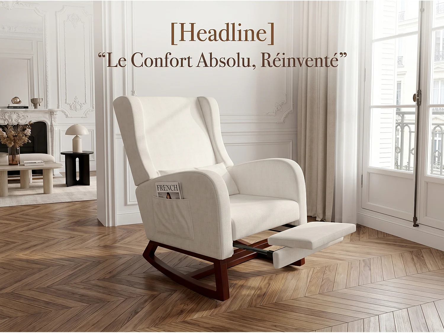 Fauteuil relax scandinave en tissu, fauteuil lounge avec accoudoirs et coussin lombaire, fauteuil salon chambre, beige