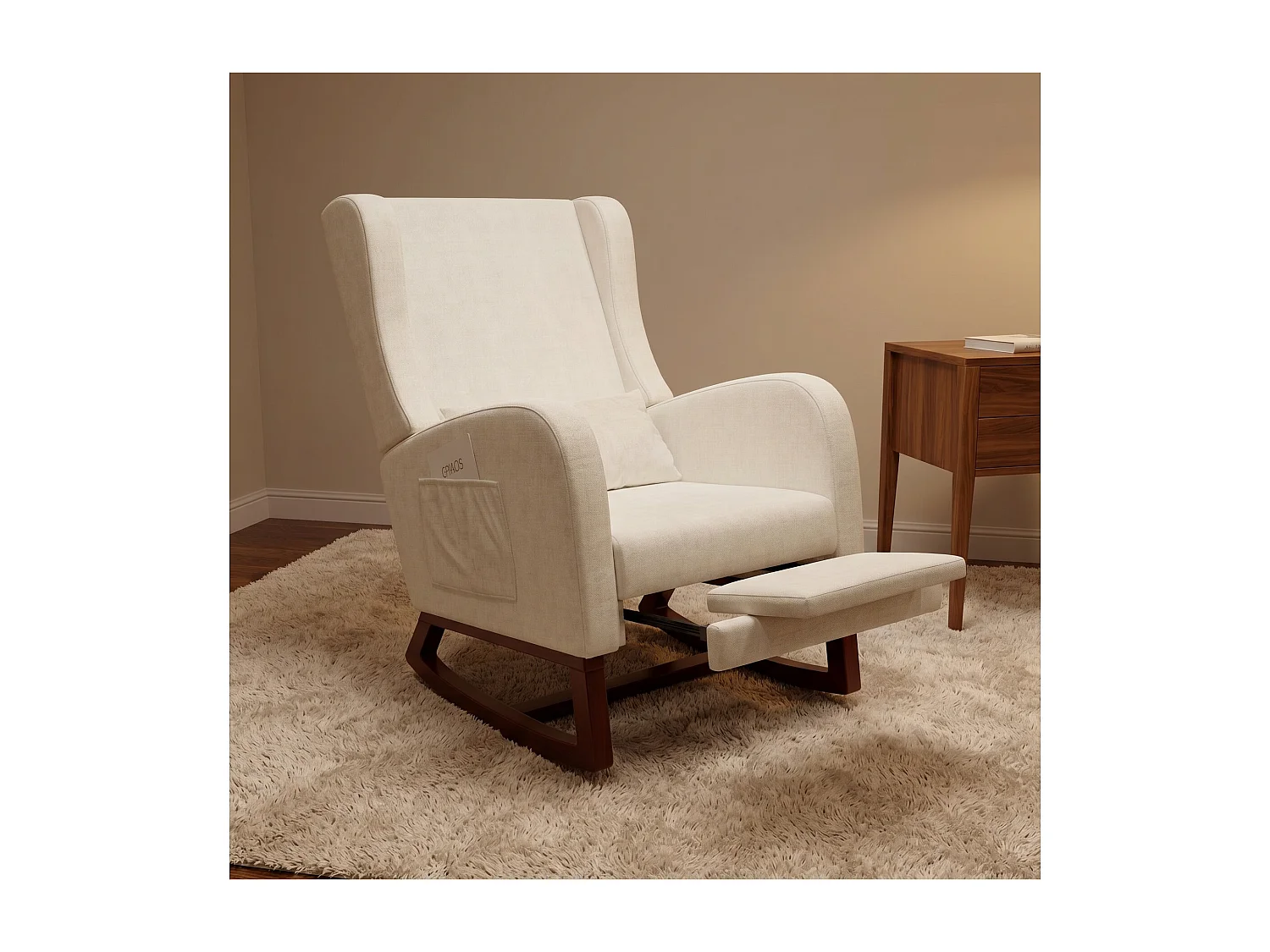 Fauteuil relax scandinave en tissu, fauteuil lounge avec accoudoirs et coussin lombaire, fauteuil salon chambre, beige