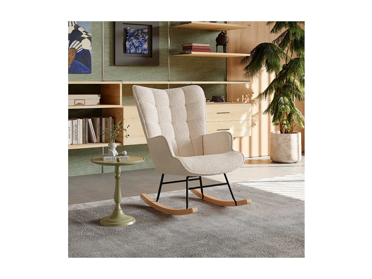 Fauteuil à bascule en tissu bouclé beige avec accoudoirs, rocking chair confortable avec structure bois et métal, fauteuil relaxation pour salon chambre