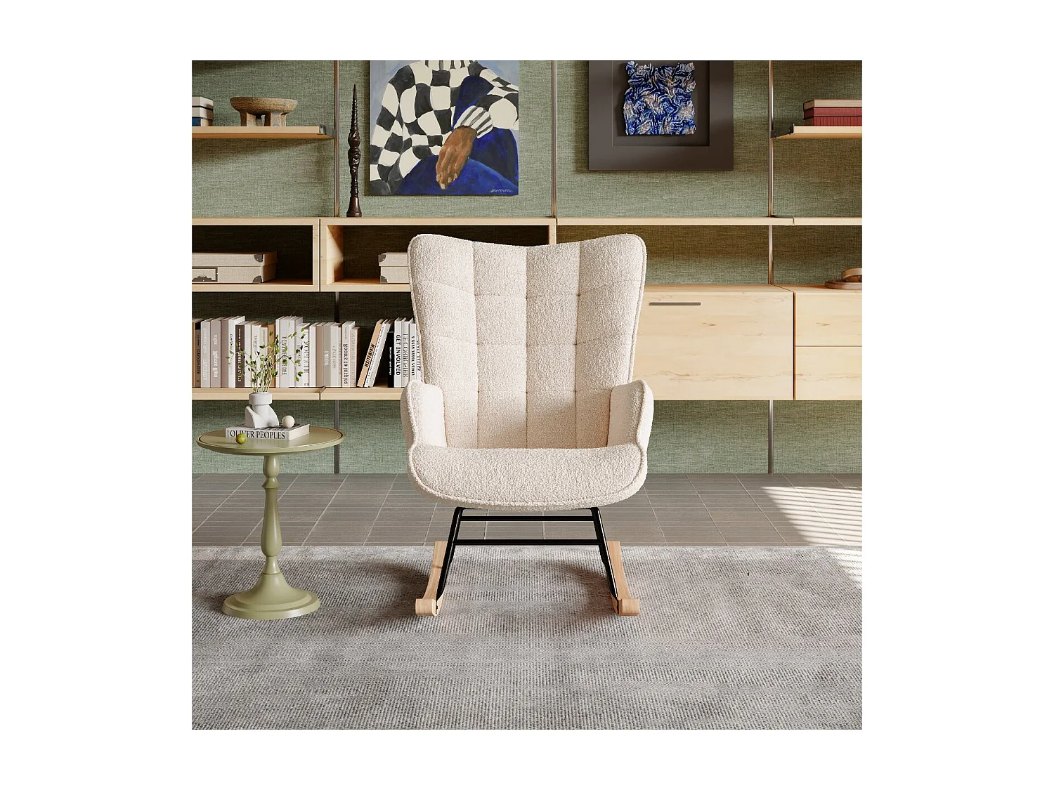 Fauteuil à bascule en tissu bouclé beige avec accoudoirs, rocking chair confortable avec structure bois et métal, fauteuil relaxation pour salon chambre