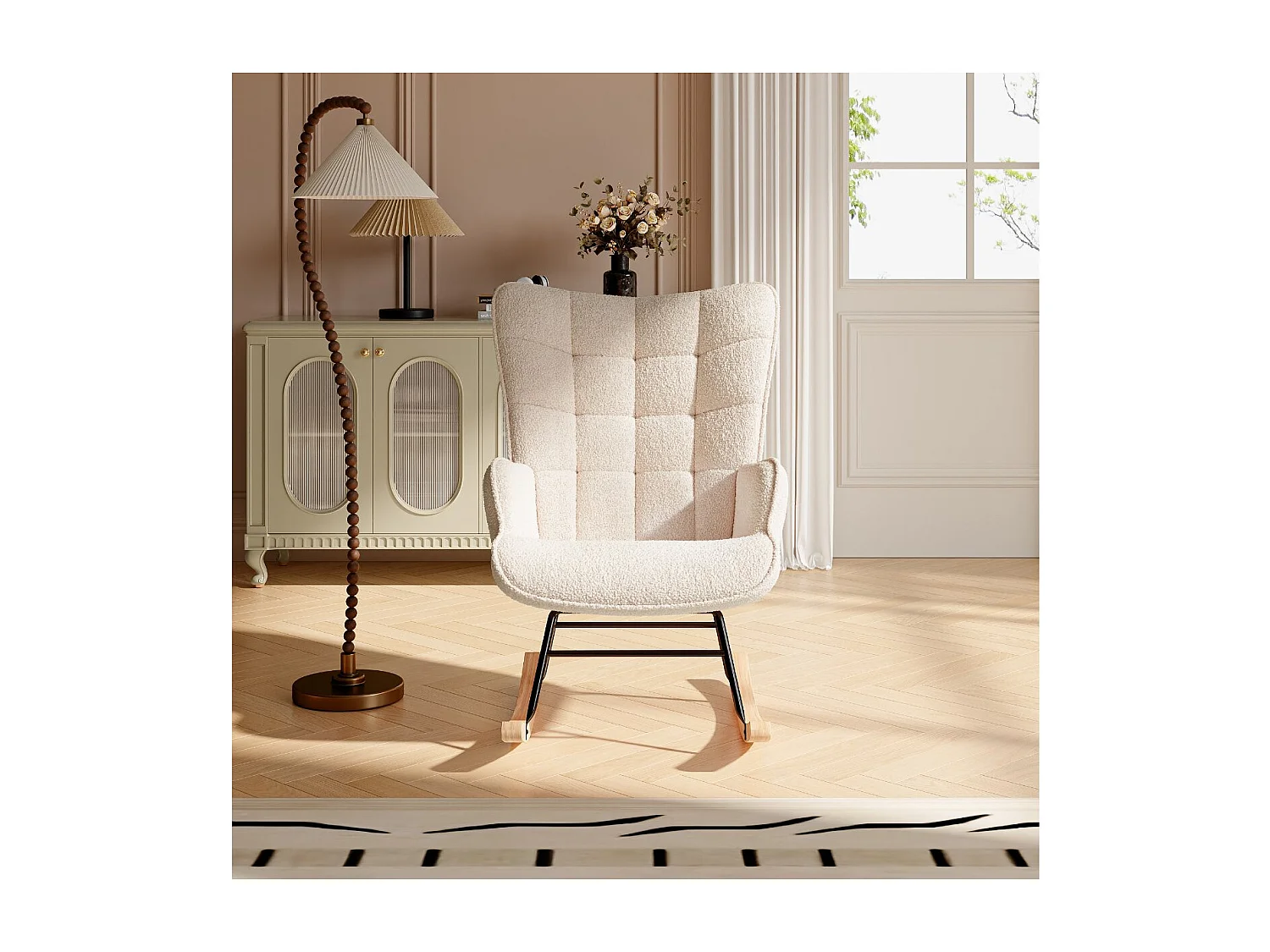 Fauteuil à bascule en tissu bouclé beige avec accoudoirs, rocking chair confortable avec structure bois et métal, fauteuil relaxation pour salon chambre