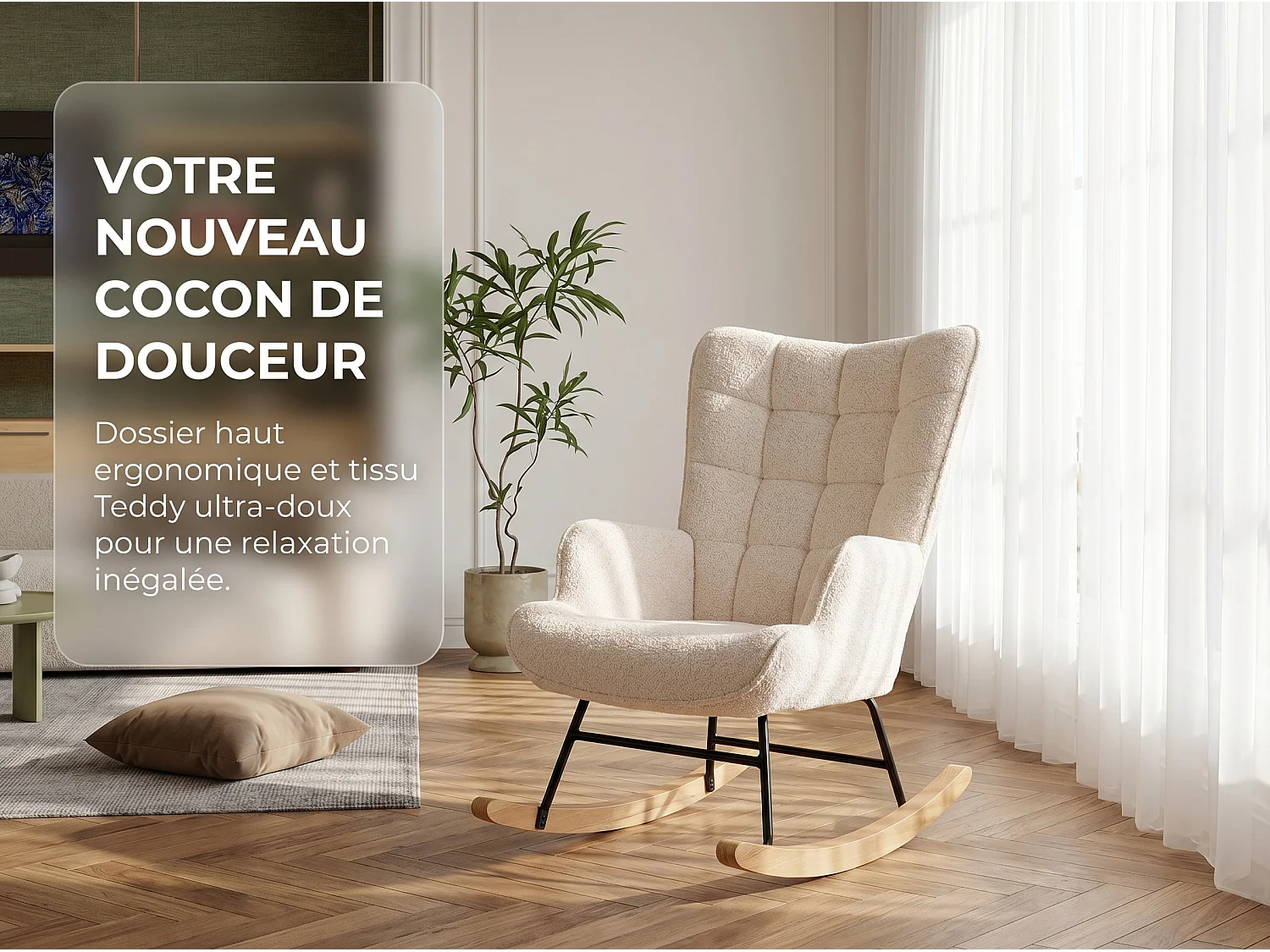 Fauteuil à bascule en tissu bouclé beige avec accoudoirs, rocking chair confortable avec structure bois et métal, fauteuil relaxation pour salon chambre