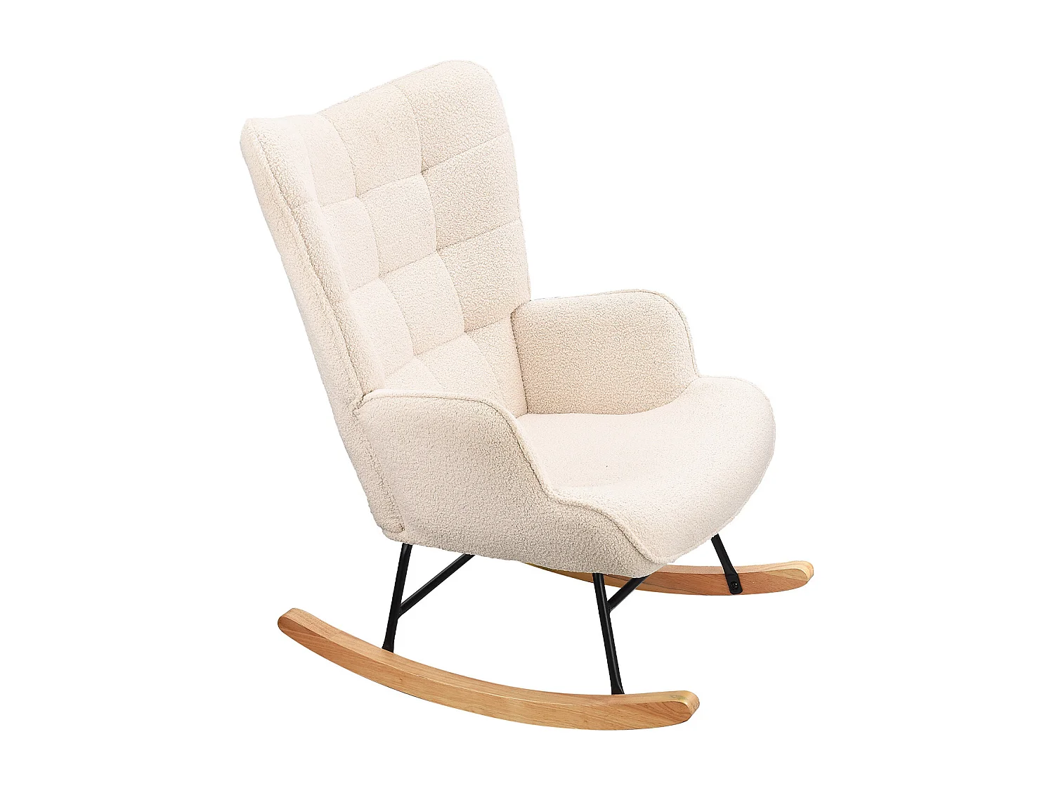 Fauteuil à bascule en tissu bouclé beige avec accoudoirs, rocking chair confortable avec structure bois et métal, fauteuil relaxation pour salon chambre