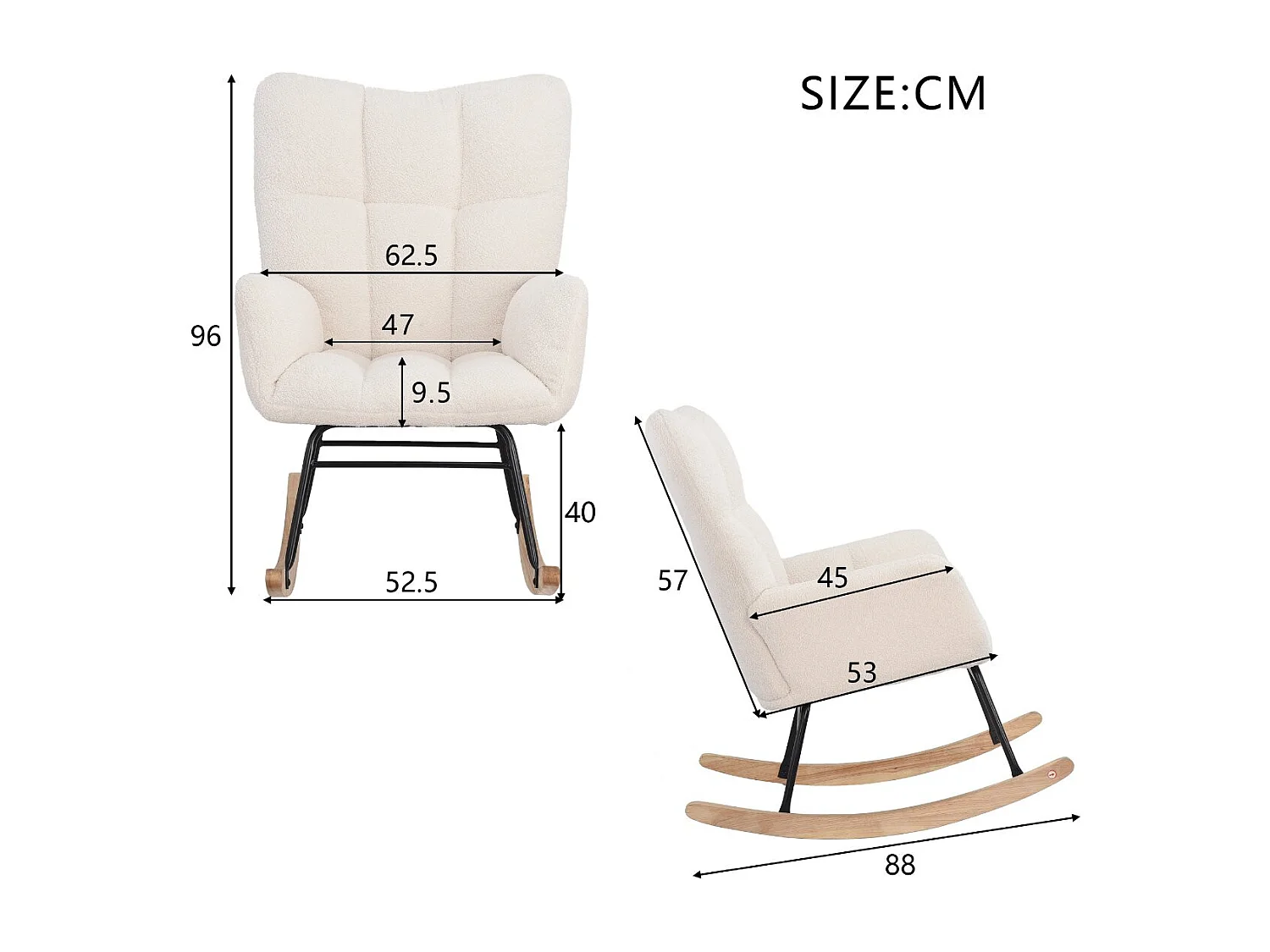 Fauteuil à bascule en tissu bouclette beige, fauteuil relax moderne avec accoudoirs, chaise berçante salon chambre, structure métal et pieds bois