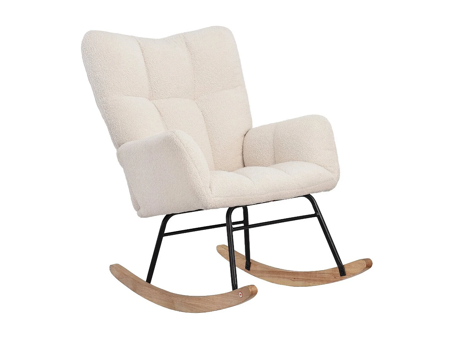 Fauteuil à bascule en tissu bouclette beige, fauteuil relax moderne avec accoudoirs, chaise berçante salon chambre, structure métal et pieds bois