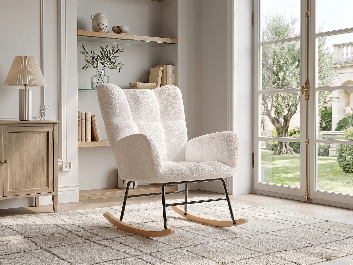 Fauteuil à bascule en tissu bouclette beige, fauteuil relax moderne avec accoudoirs, chaise berçante salon chambre, structure métal et pieds bois