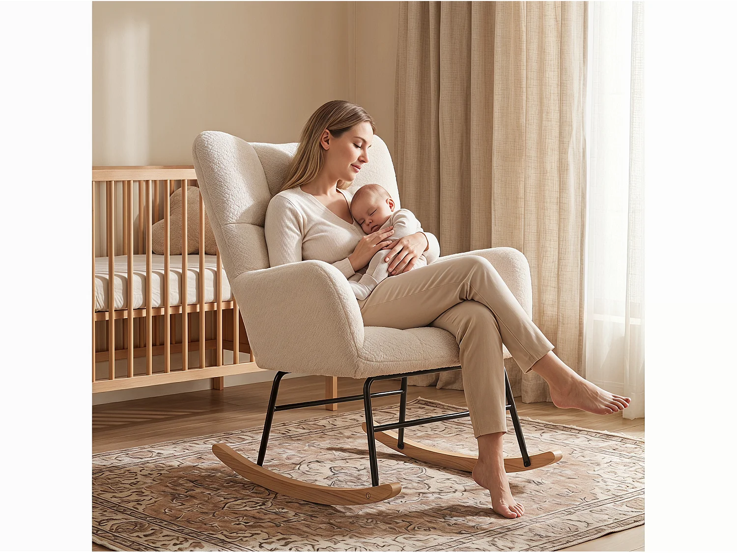 Fauteuil à bascule en tissu bouclette beige, fauteuil relax moderne avec accoudoirs, chaise berçante salon chambre, structure métal et pieds bois