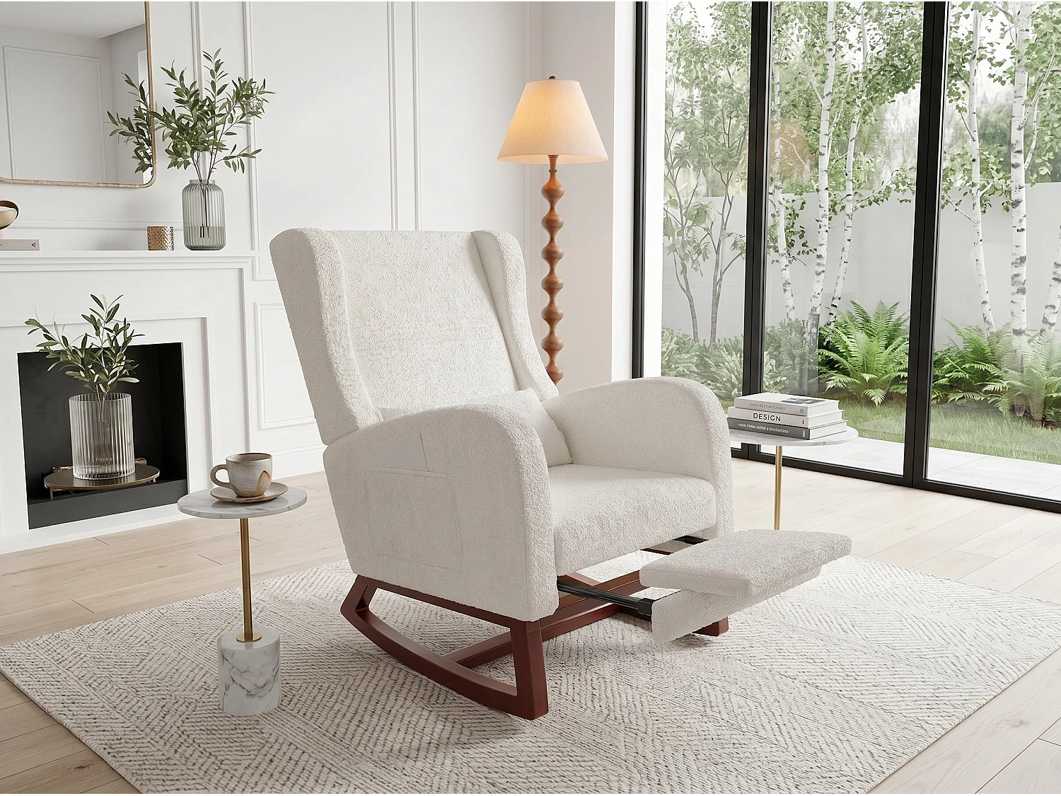 Fauteuil relax scandinave en tissu, fauteuil lounge avec accoudoirs et coussin lombaire, fauteuil salon chambre, blanc