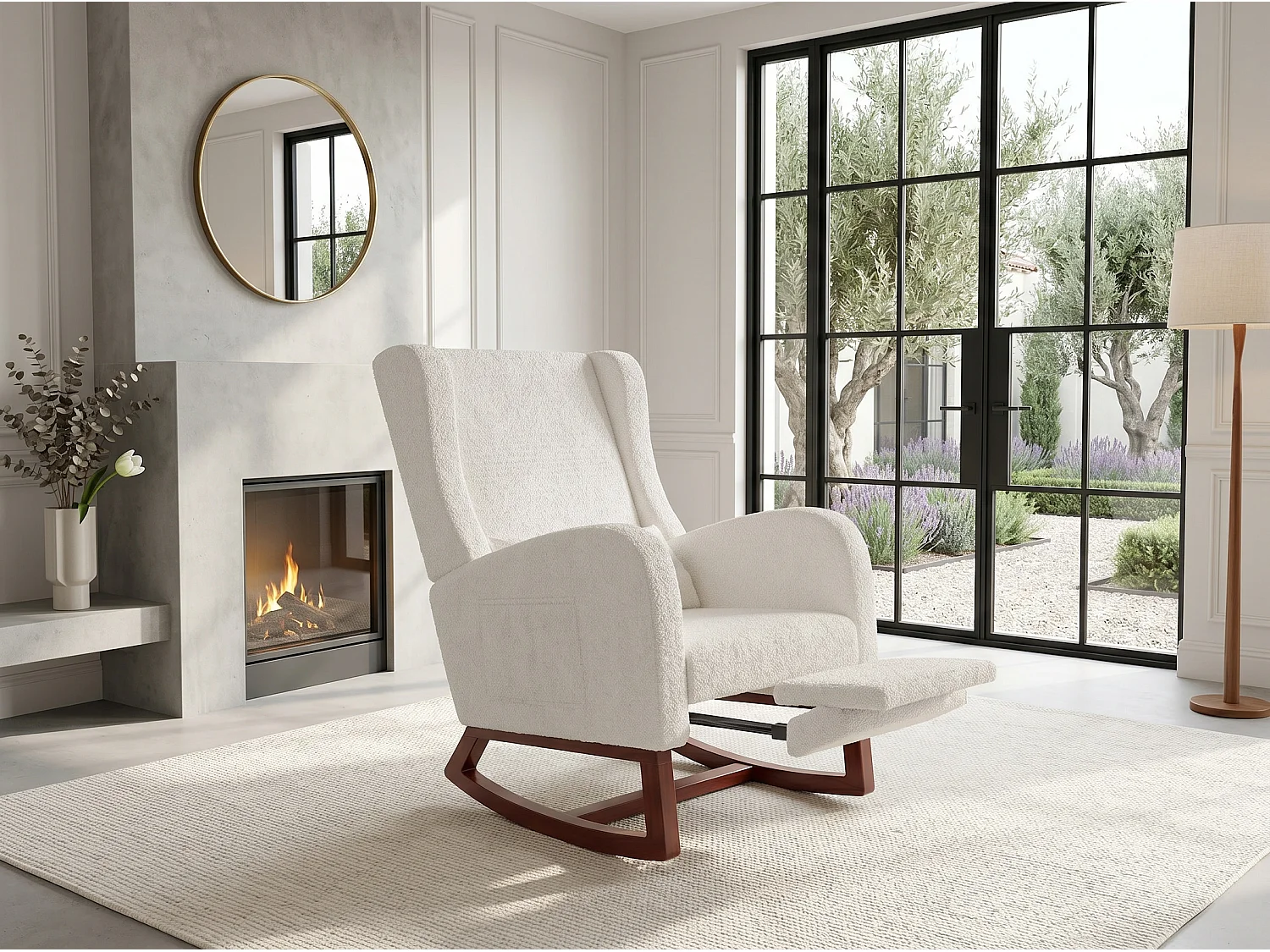 Fauteuil relax scandinave en tissu, fauteuil lounge avec accoudoirs et coussin lombaire, fauteuil salon chambre, blanc