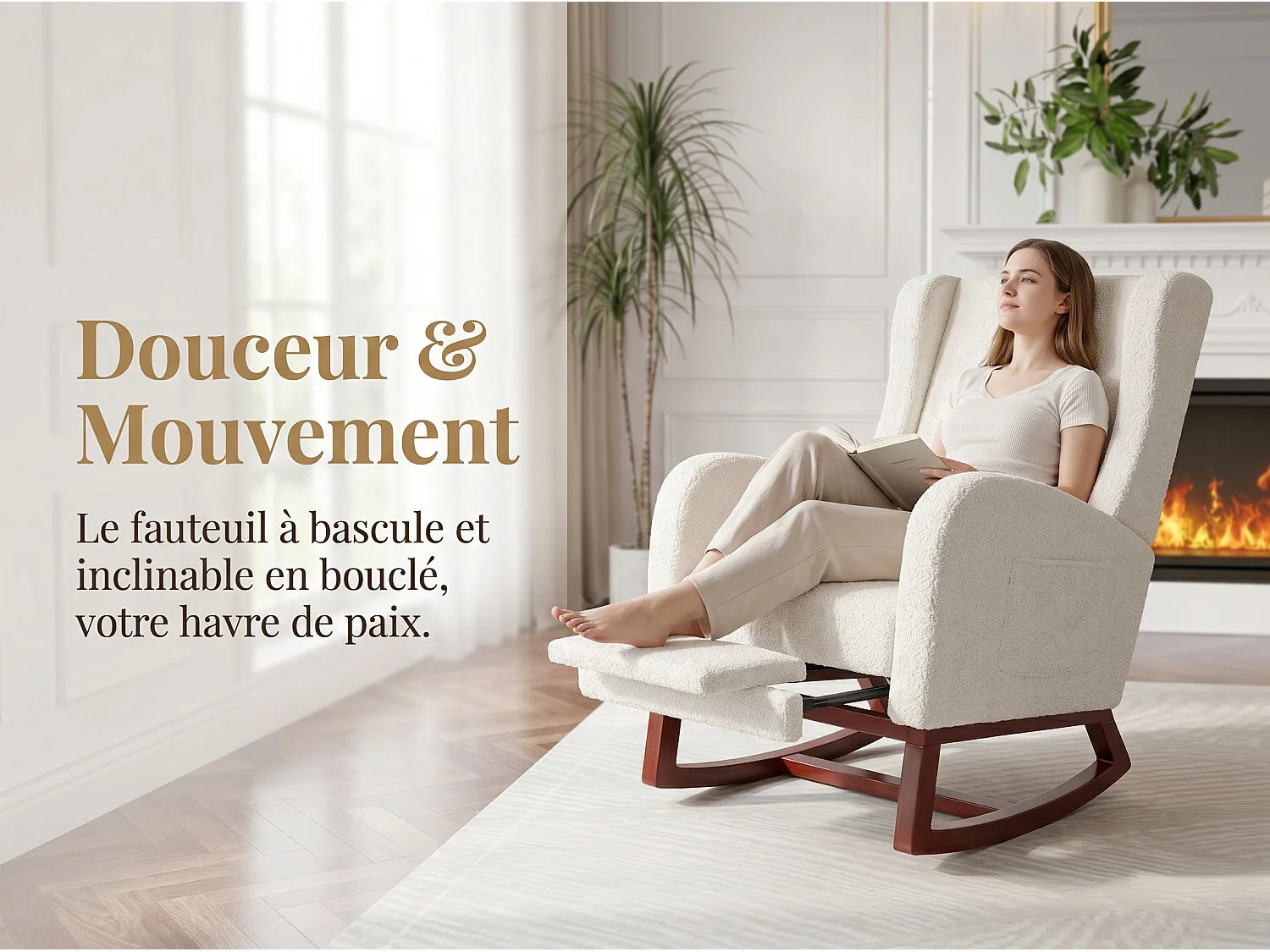 Fauteuil relax scandinave en tissu, fauteuil lounge avec accoudoirs et coussin lombaire, fauteuil salon chambre, blanc