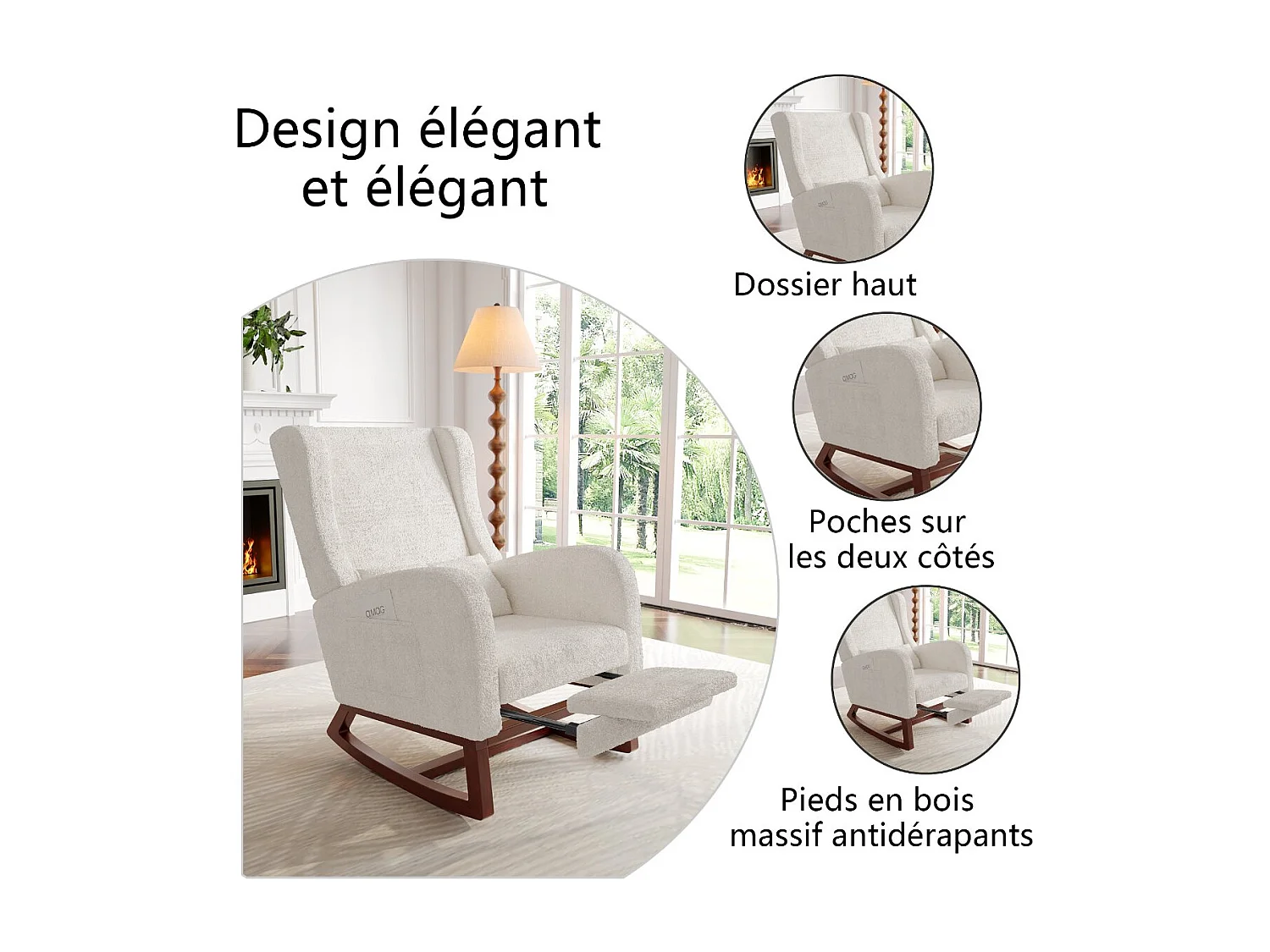 Fauteuil relax scandinave en tissu, fauteuil lounge avec accoudoirs et coussin lombaire, fauteuil salon chambre, blanc