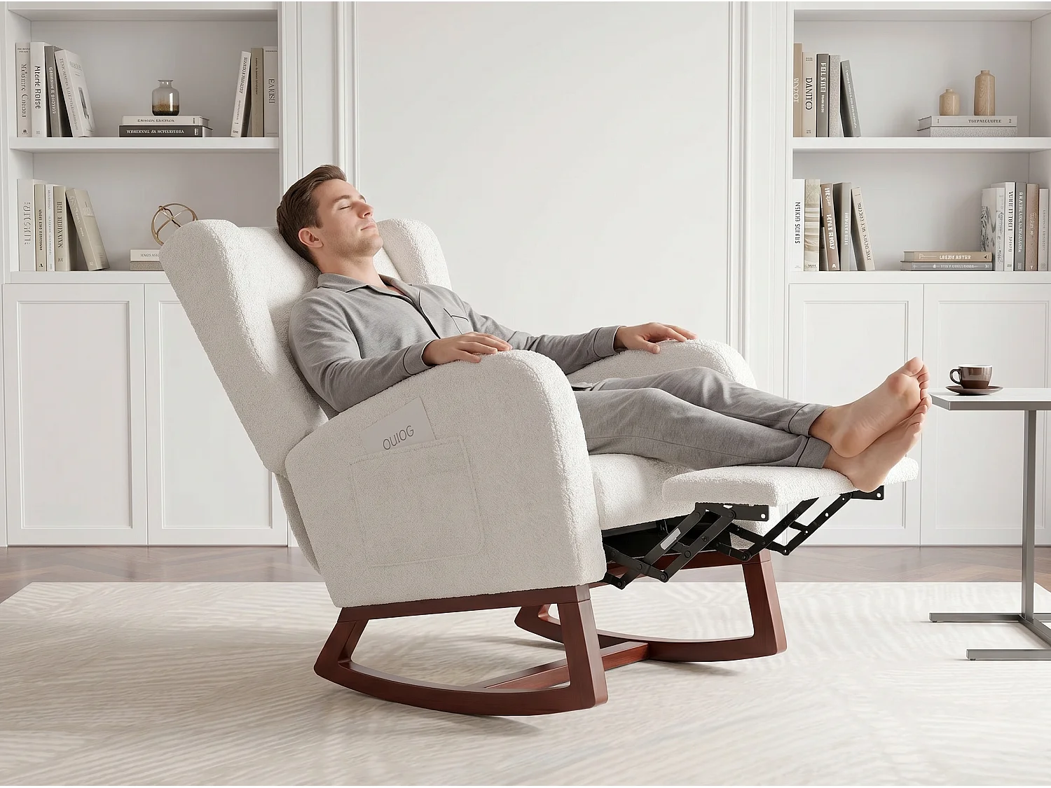 Fauteuil relax scandinave en tissu, fauteuil lounge avec accoudoirs et coussin lombaire, fauteuil salon chambre, blanc