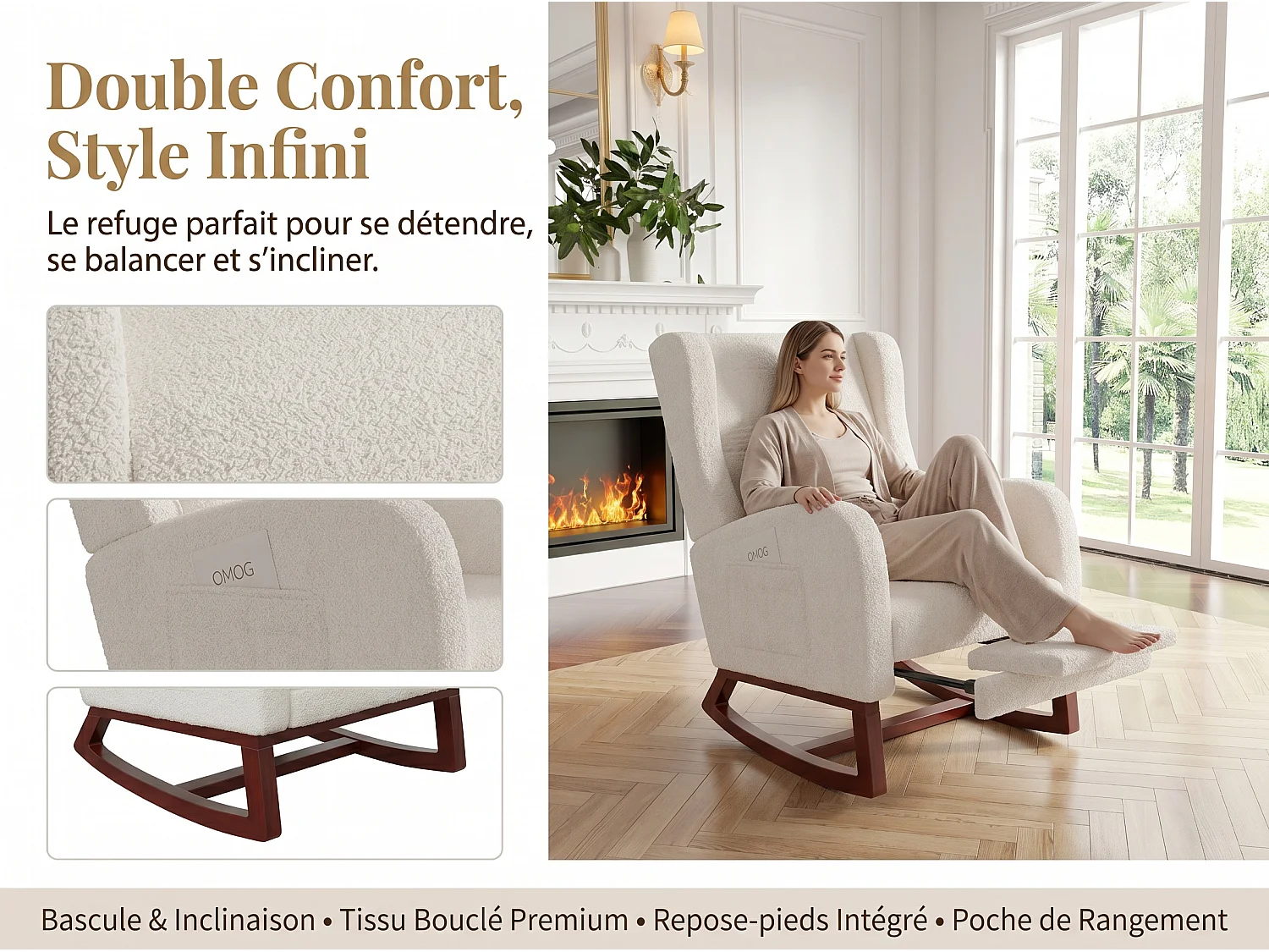 Fauteuil relax scandinave en tissu, fauteuil lounge avec accoudoirs et coussin lombaire, fauteuil salon chambre, blanc
