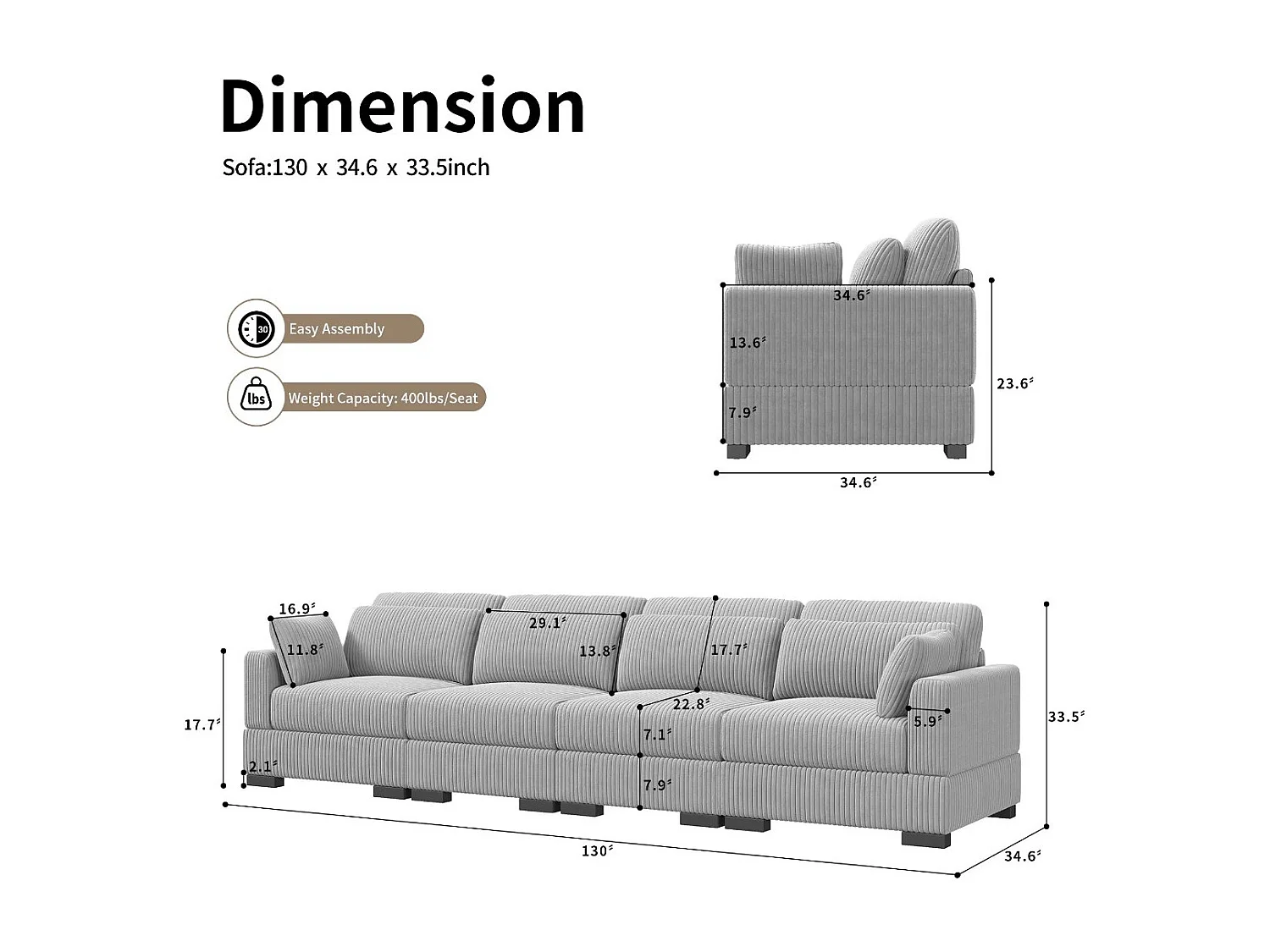 Canapé 2 places en velours côtelé gris avec coussins, sofa confortable avec accoudoirs, canapé moderne compact pour salon séjour chambre
