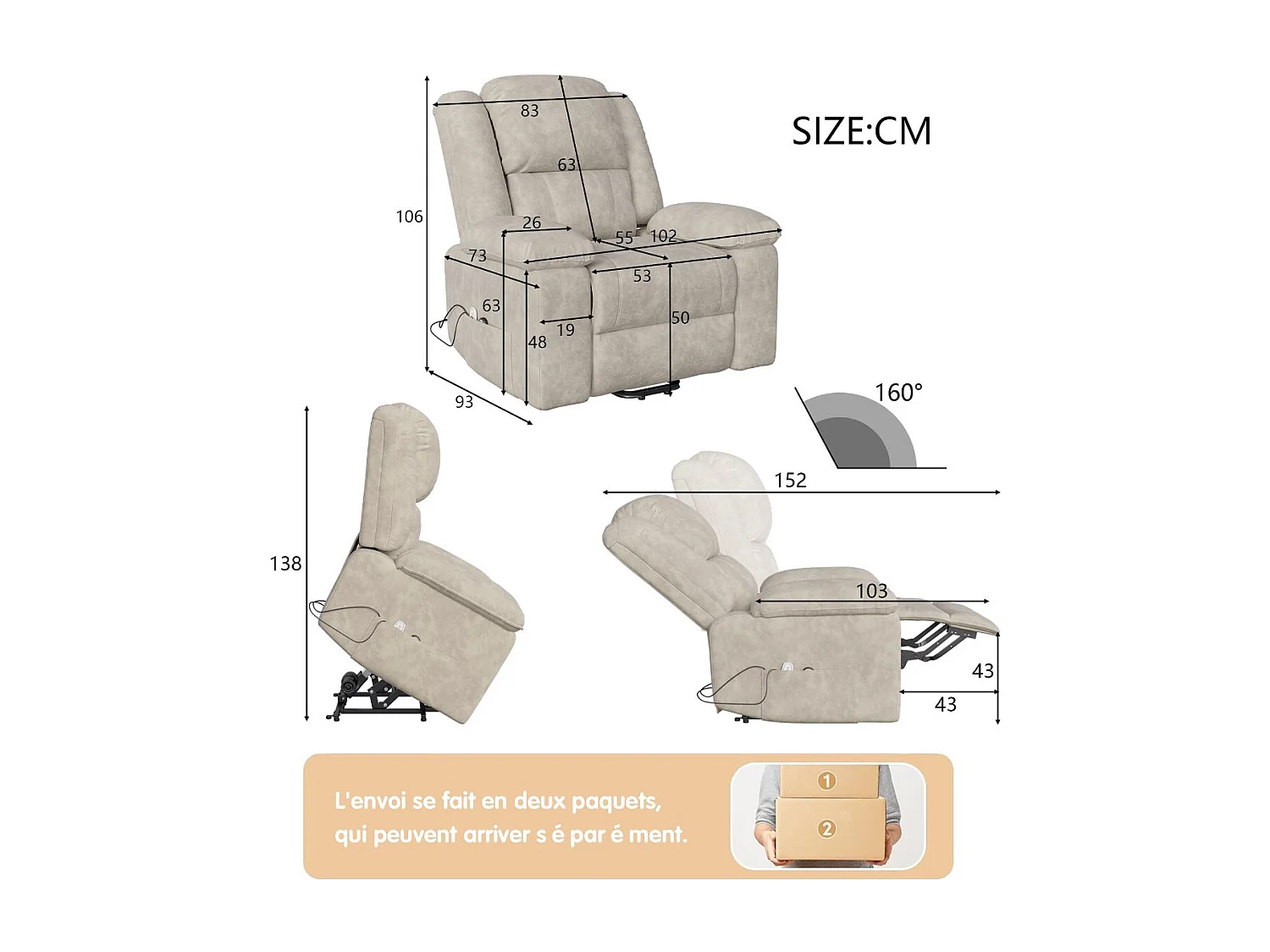 Fauteuil de massage électrique avec accoudoirs rembourrés, fauteuil inclinable, en tissu aspect daim, disponible en noir ou marron.