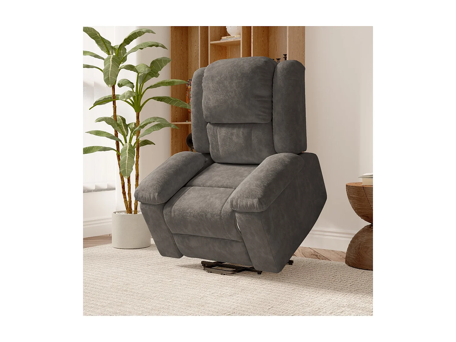 Fauteuil de massage électrique avec accoudoirs rembourrés, fauteuil inclinable, en tissu aspect daim, disponible en noir ou marron.