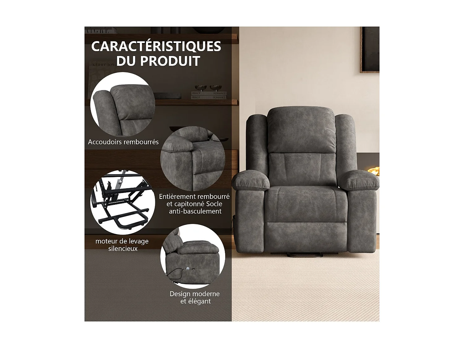 Fauteuil de massage électrique avec accoudoirs rembourrés, fauteuil inclinable, en tissu aspect daim, disponible en noir ou marron.