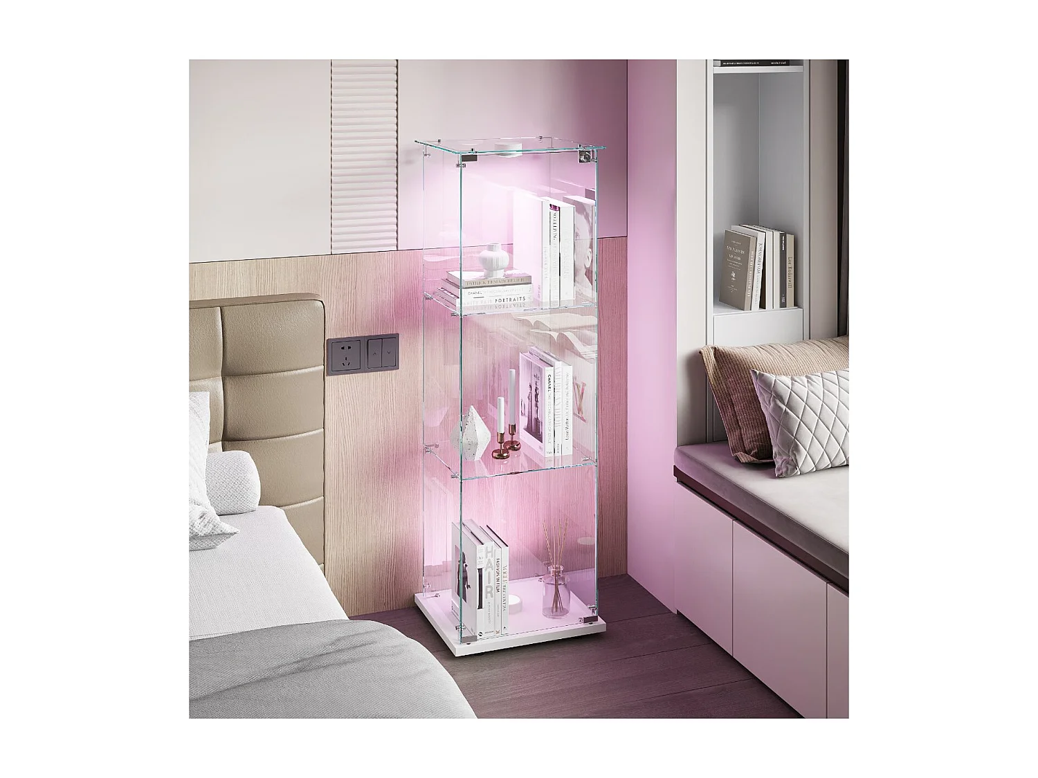 Vitrine en Verre avec LED, Armoir de Vitrine pour Collection Moderne avec 1 Portes et 3 étagères en Verre ESG, pour Le Bar, Le Salon, 123 x 40 x 35 cm, Blanc