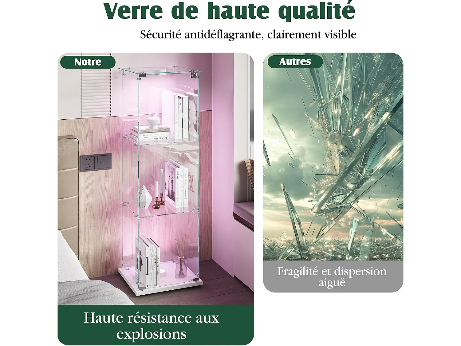 Vitrine en Verre avec LED, Armoir de Vitrine pour Collection Moderne avec 1 Portes et 3 étagères en Verre ESG, pour Le Bar, Le Salon, 123 x 40 x 35 cm, Blanc