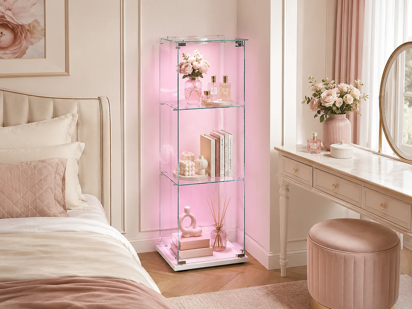 Vitrine en Verre avec LED, Armoir de Vitrine pour Collection Moderne avec 1 Portes et 3 étagères en Verre ESG, pour Le Bar, Le Salon, 123 x 40 x 35 cm, Blanc
