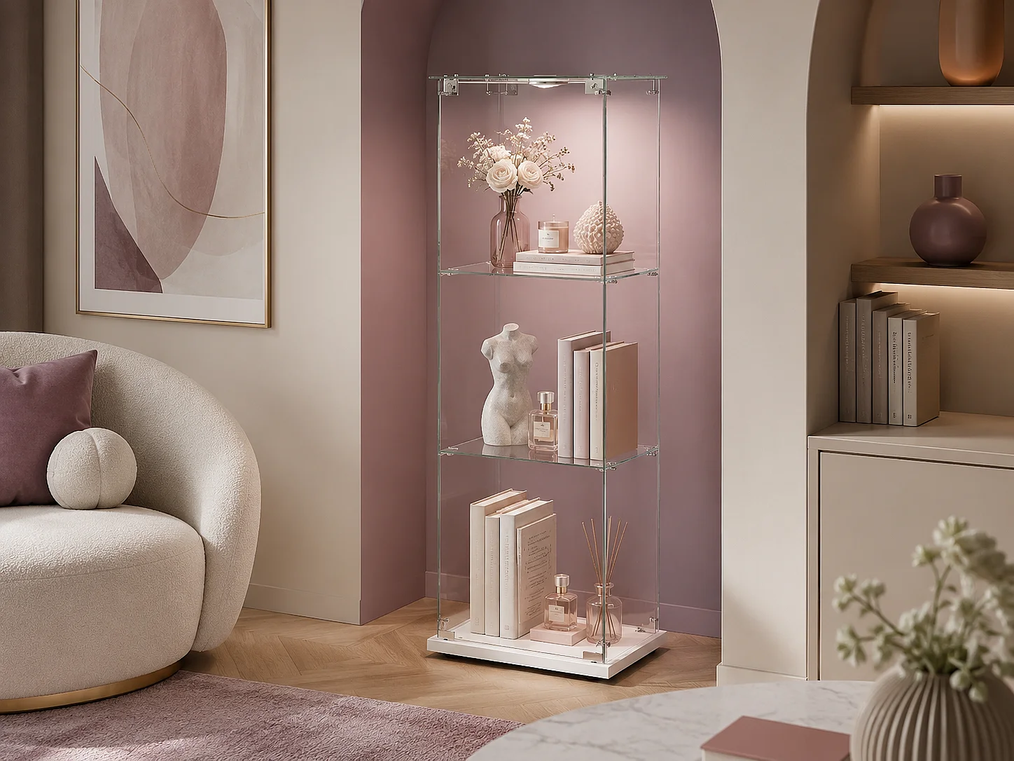 Vitrine en Verre avec LED, Armoir de Vitrine pour Collection Moderne avec 1 Portes et 3 étagères en Verre ESG, pour Le Bar, Le Salon, 123 x 40 x 35 cm, Blanc