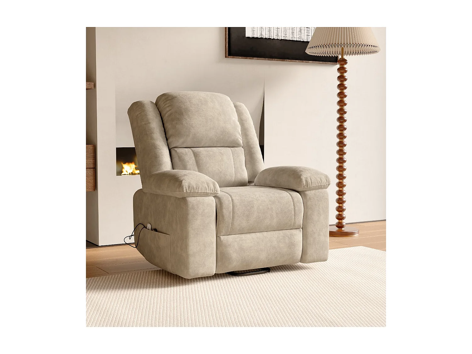 Fauteuil de massage électrique avec accoudoirs rembourrés, fauteuil inclinable, en tissu aspect daim, disponible en noir ou marron.