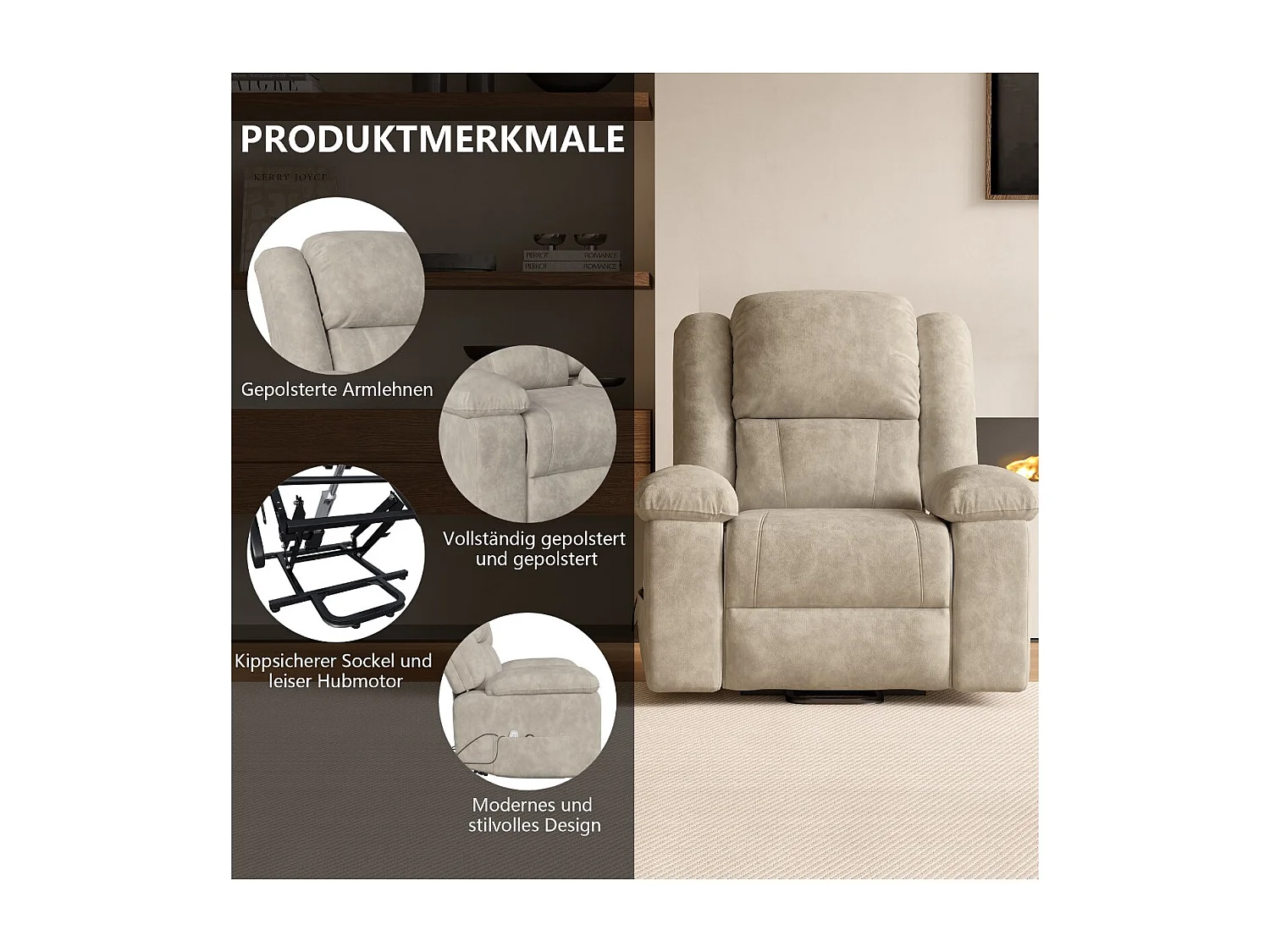 Fauteuil de massage électrique avec accoudoirs rembourrés, fauteuil inclinable, en tissu aspect daim, disponible en noir ou marron.