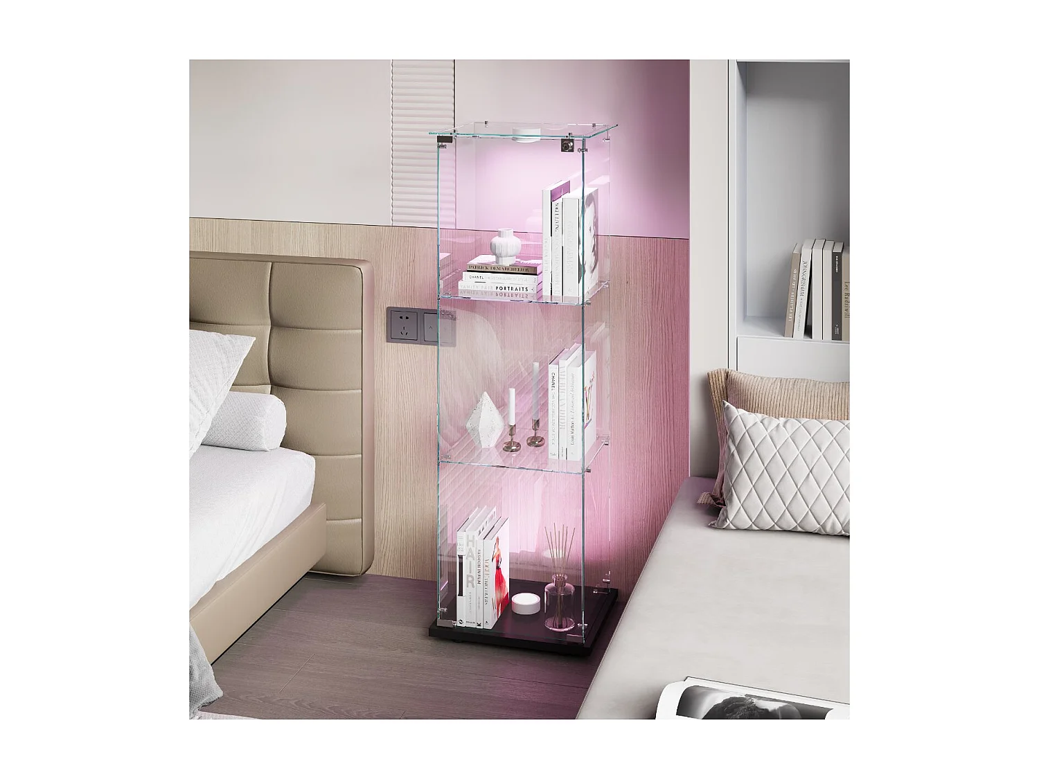 Vitrine en Verre avec LED, Armoir de Vitrine pour Collection Moderne avec 1 Portes et 3 étagères en Verre ESG, pour Le Bar, Le Salon, 123 x 40 x 35 cm, Noir