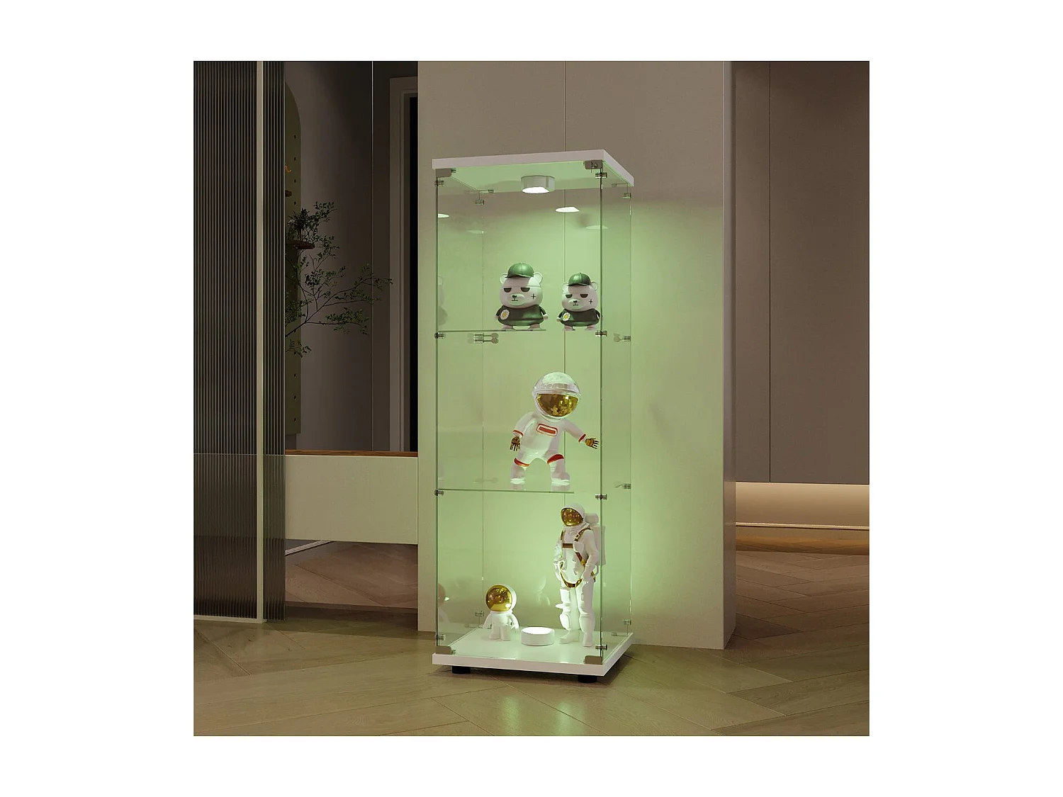 Vitrine en verre Blanc, colonne vitrine de salon, meuble vitrine moderne avec étagères, armoire vitrée pour décoration et rangement