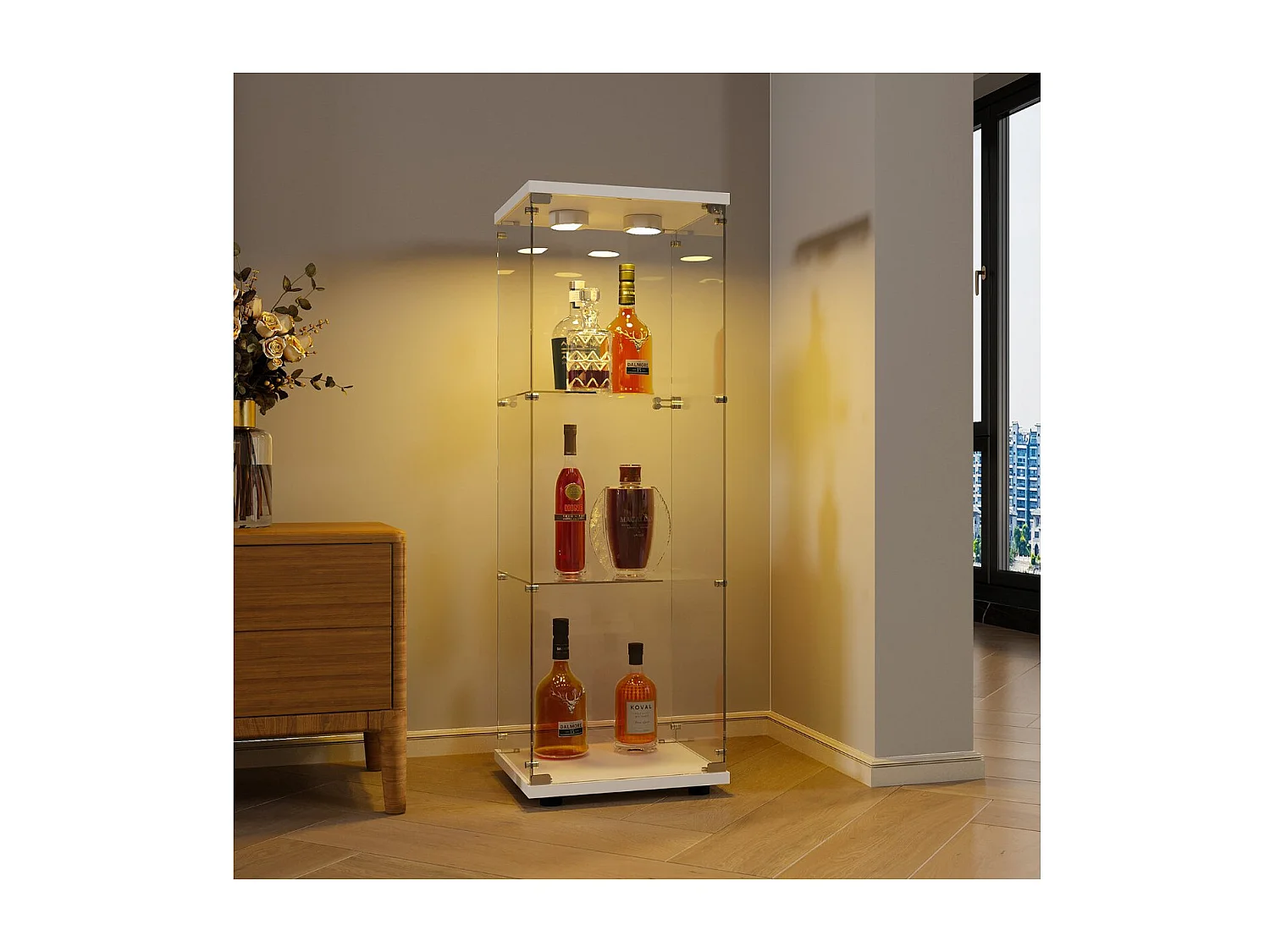 Vitrine en verre Blanc, colonne vitrine de salon, meuble vitrine moderne avec étagères, armoire vitrée pour décoration et rangement