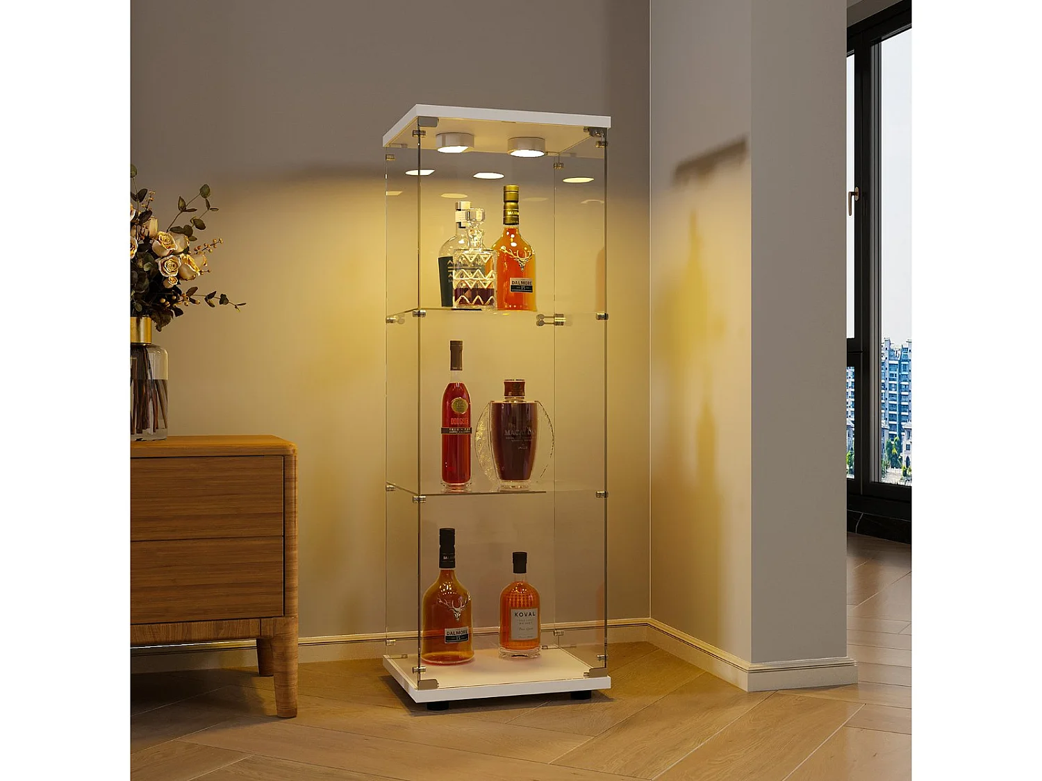 Vitrine en verre Blanc, colonne vitrine de salon, meuble vitrine moderne avec étagères, armoire vitrée pour décoration et rangement