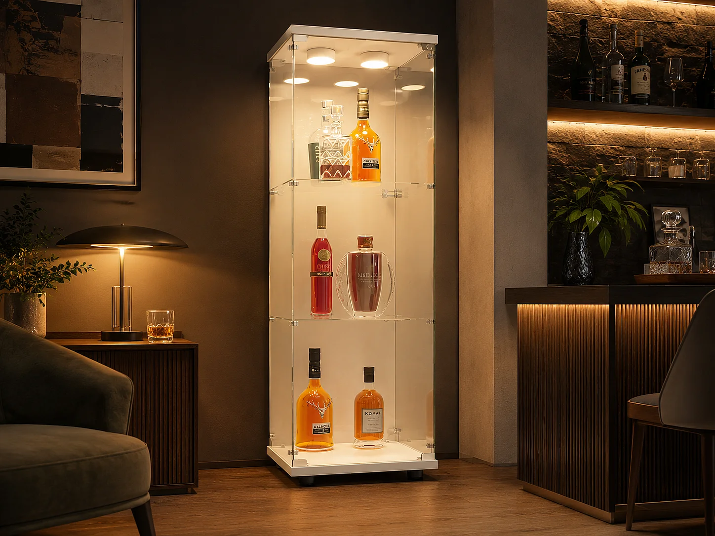 Vitrine en verre Blanc, colonne vitrine de salon, meuble vitrine moderne avec étagères, armoire vitrée pour décoration et rangement