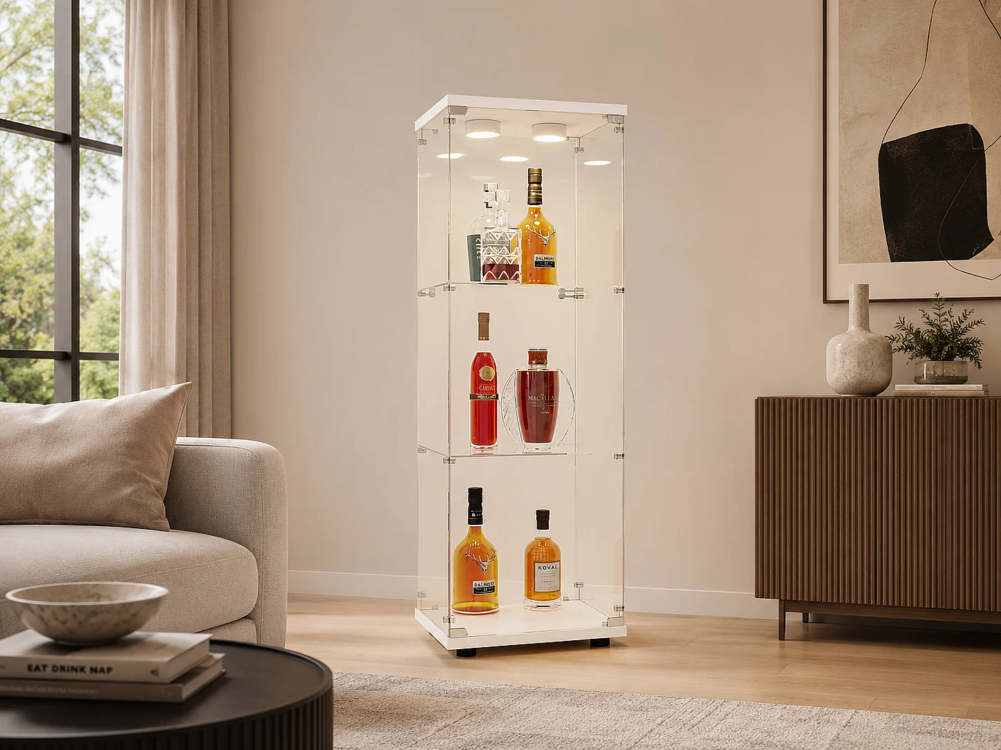 Vitrine en verre Blanc, colonne vitrine de salon, meuble vitrine moderne avec étagères, armoire vitrée pour décoration et rangement