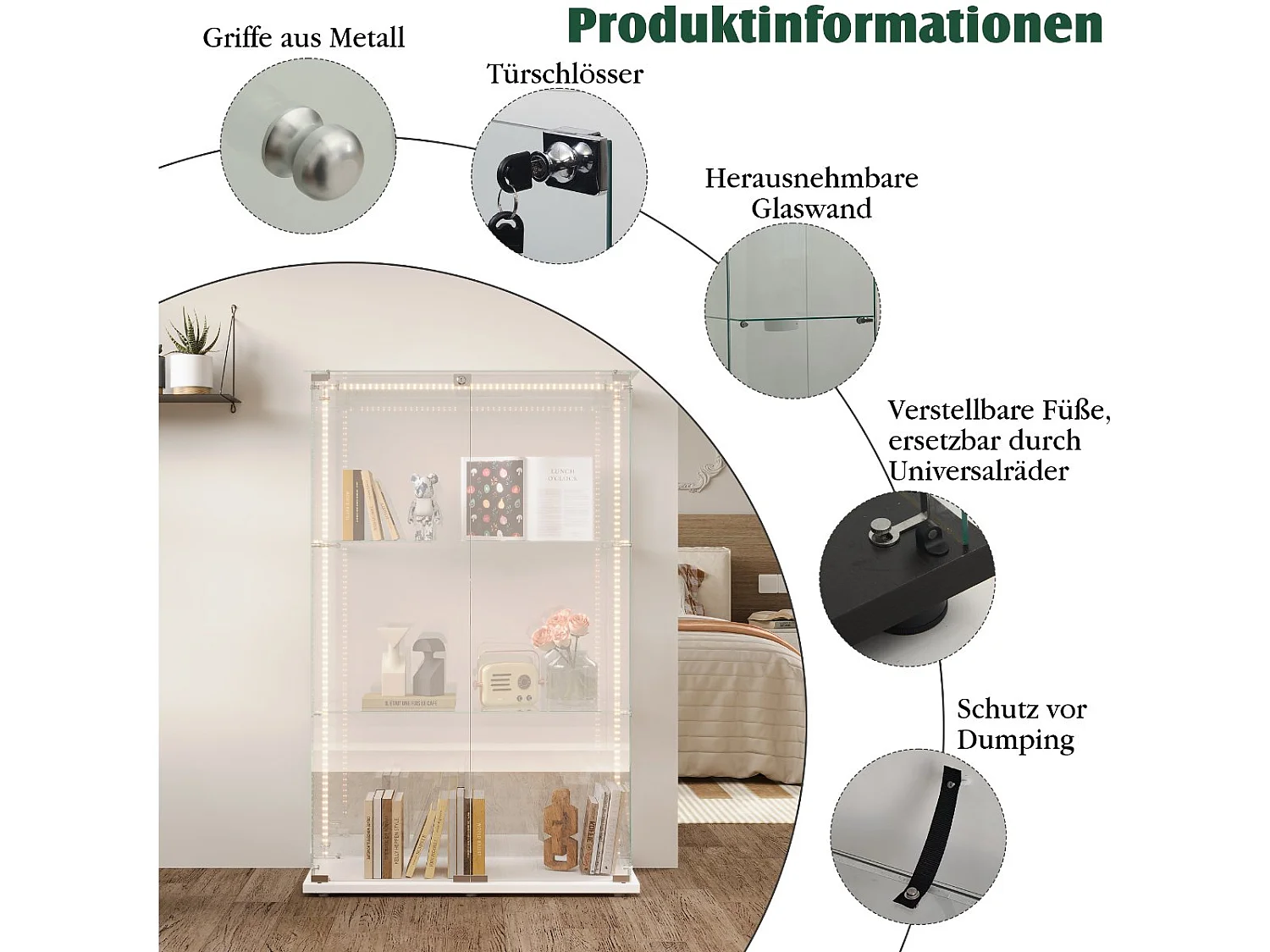 Vitrine en Verre avec LED, Armoir de Vitrine pour Collection Moderne avec 2 Portes et 3 étagères en Verre ESG, pour Le Bar, Le Salon, 79 x 35 x 124 cm, Blanc
