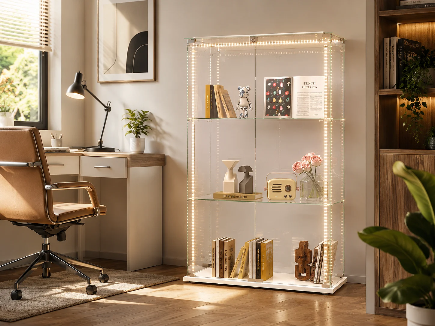 Vitrine en Verre avec LED, Armoir de Vitrine pour Collection Moderne avec 2 Portes et 3 étagères en Verre ESG, pour Le Bar, Le Salon, 79 x 35 x 124 cm, Blanc
