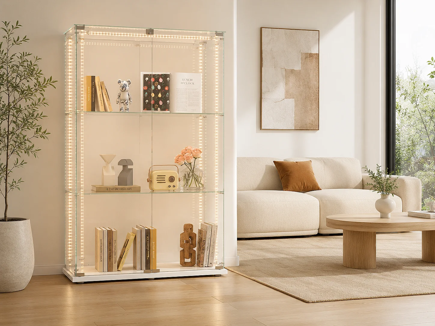 Vitrine en Verre avec LED, Armoir de Vitrine pour Collection Moderne avec 2 Portes et 3 étagères en Verre ESG, pour Le Bar, Le Salon, 79 x 35 x 124 cm, Blanc