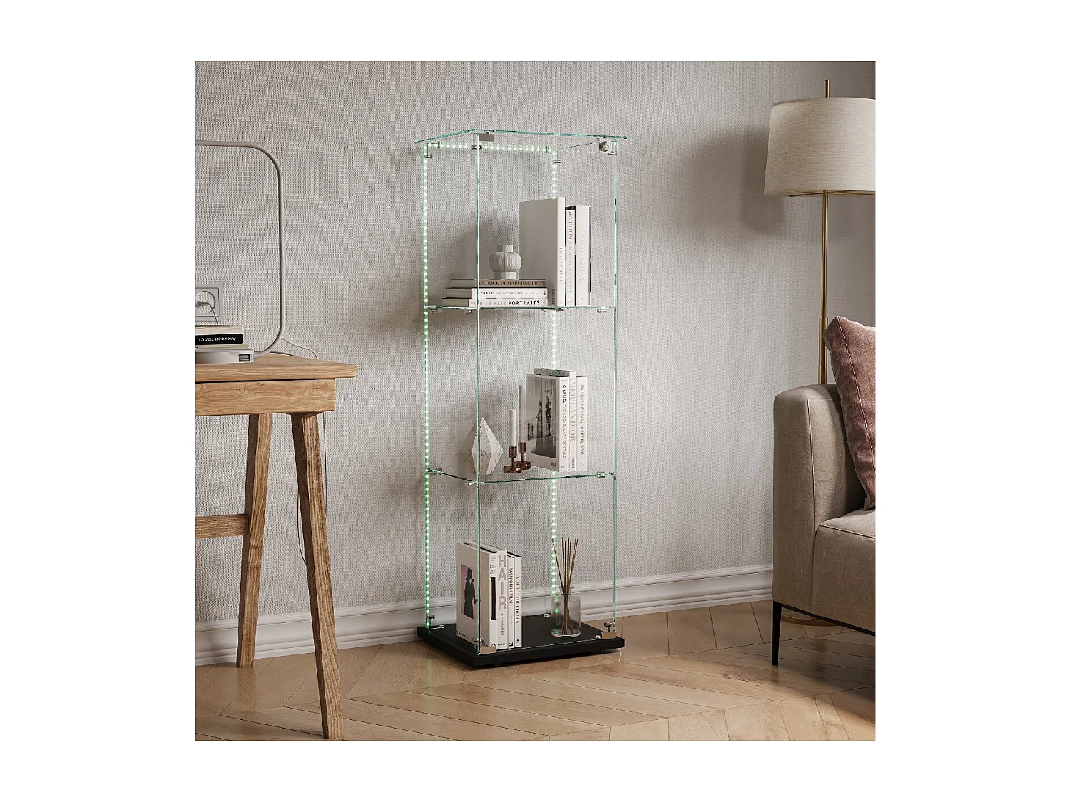 Vitrine en Verre avec LED, Armoir de Vitrine pour Collection Moderne avec 1 Portes et 3 étagères en Verre ESG, pour Le Bar, Le Salon, 123 x 40 x 35 cm, Noir