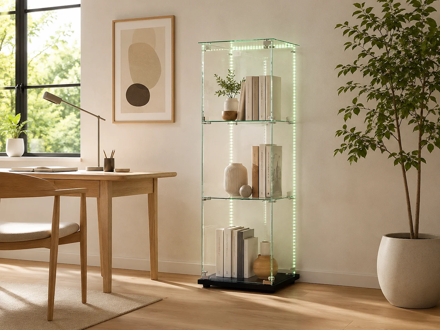 Vitrine en Verre avec LED, Armoir de Vitrine pour Collection Moderne avec 1 Portes et 3 étagères en Verre ESG, pour Le Bar, Le Salon, 123 x 40 x 35 cm, Noir