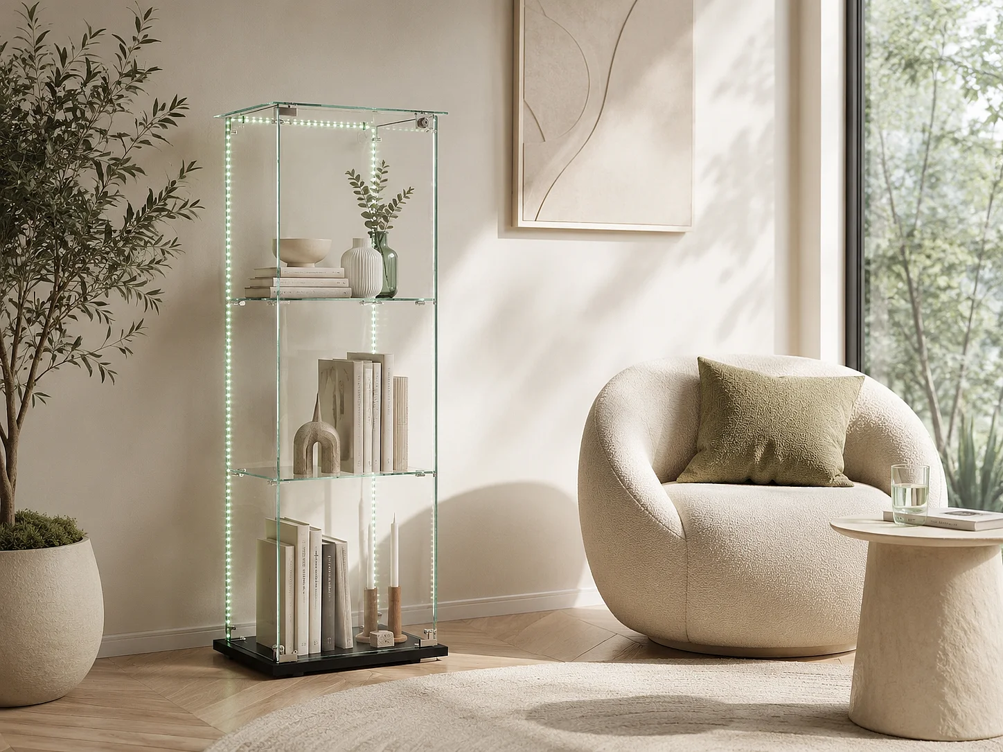 Vitrine en Verre avec LED, Armoir de Vitrine pour Collection Moderne avec 1 Portes et 3 étagères en Verre ESG, pour Le Bar, Le Salon, 123 x 40 x 35 cm, Noir