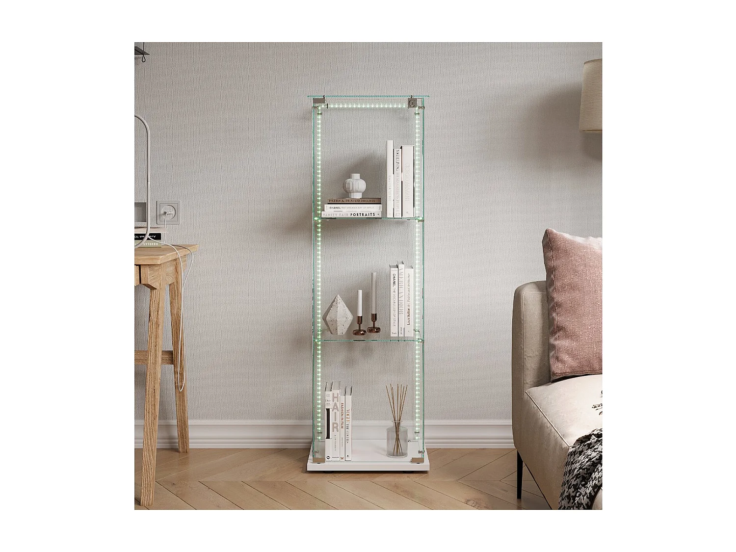Vitrine en Verre avec LED, Armoir de Vitrine pour Collection Moderne avec 1 Portes et 3 étagères en Verre ESG, pour Le Bar, Le Salon, 123 x 40 x 35 cm, Blanc