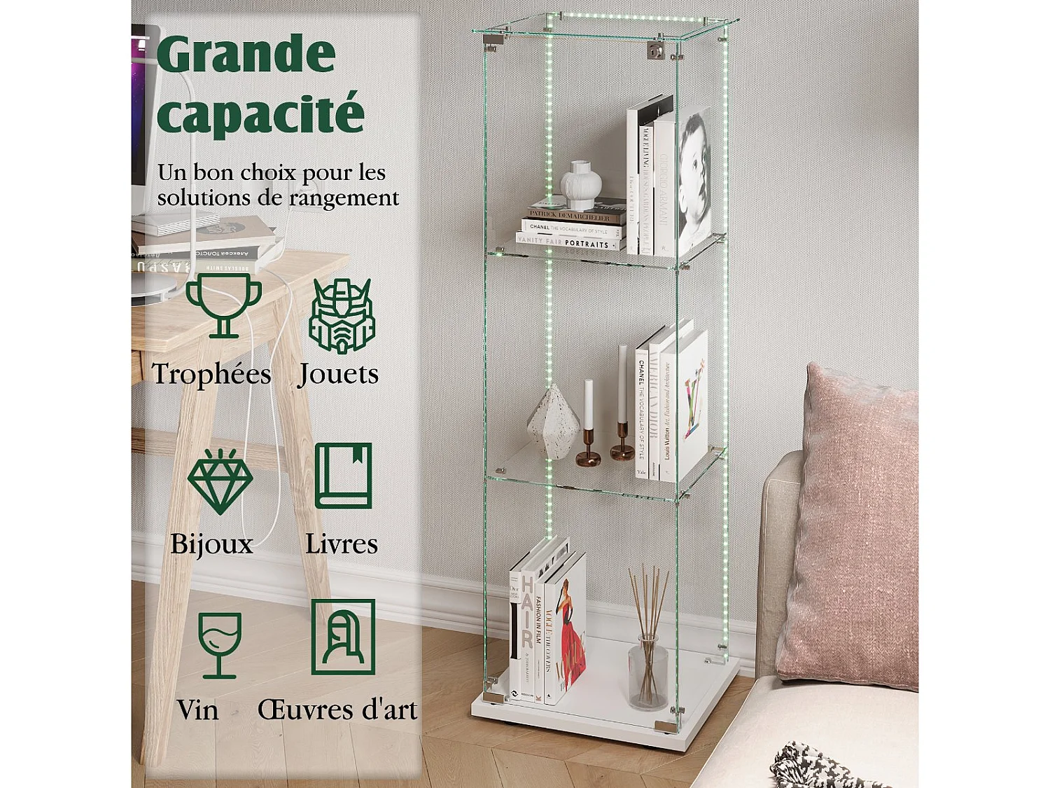 Vitrine en Verre avec LED, Armoir de Vitrine pour Collection Moderne avec 1 Portes et 3 étagères en Verre ESG, pour Le Bar, Le Salon, 123 x 40 x 35 cm, Blanc